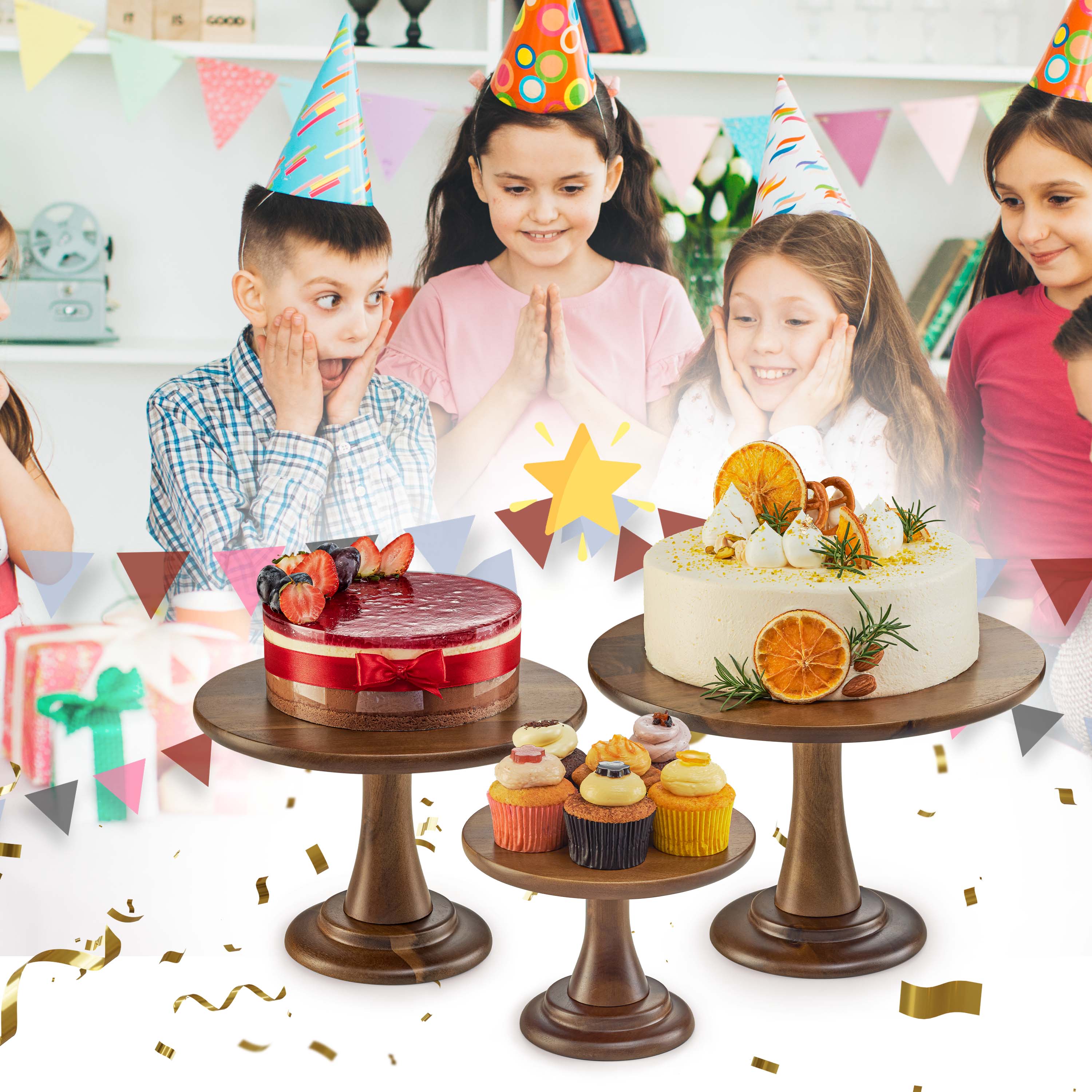 Set of 3 Size Wood Cake Stand Set, Easy To Assemble, Removable Tray-thumbmail-7