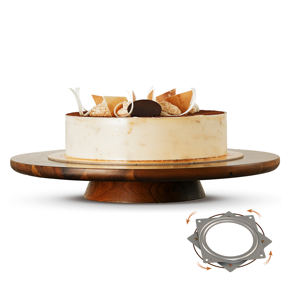 13" Acacia Cake Stand Rotating, Non-slip Pads, for Sizeable Cakes-thumbmail-1