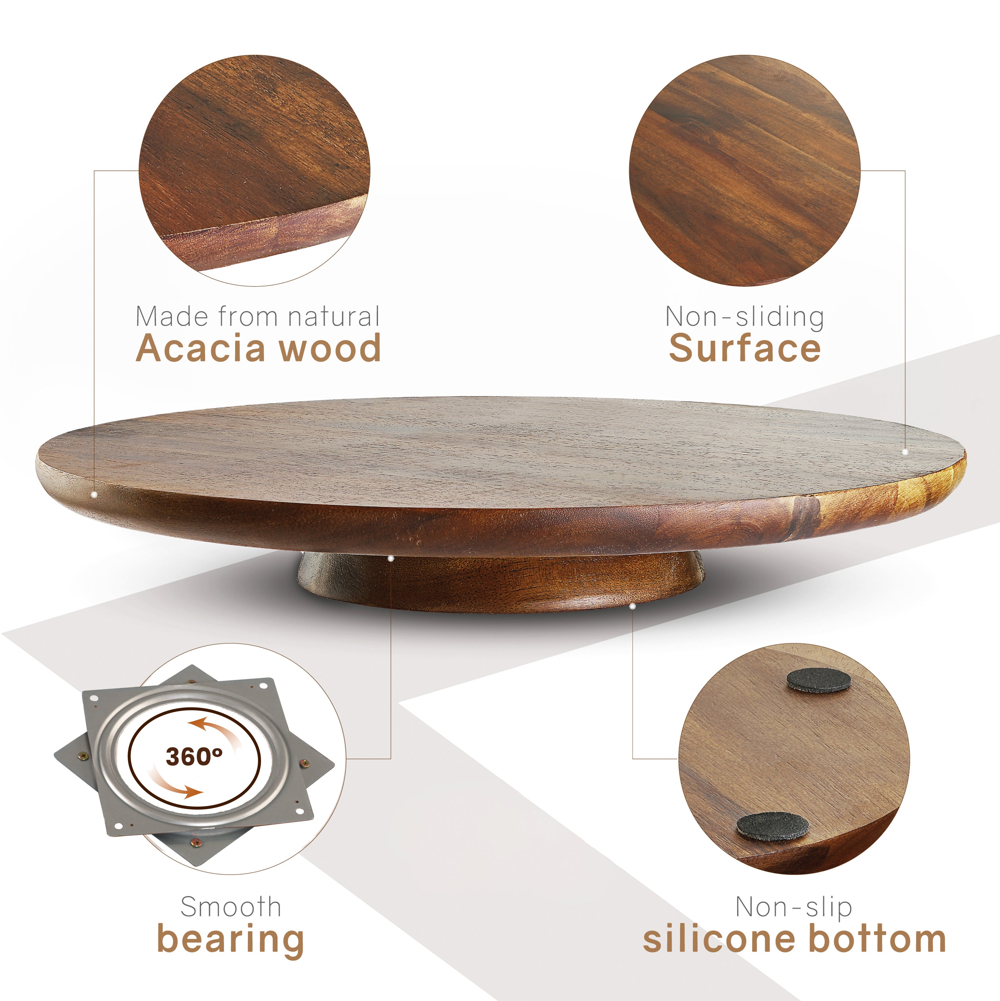 13" Acacia Cake Stand Rotating, Non-slip Pads, for Sizeable Cakes-thumbmail-3