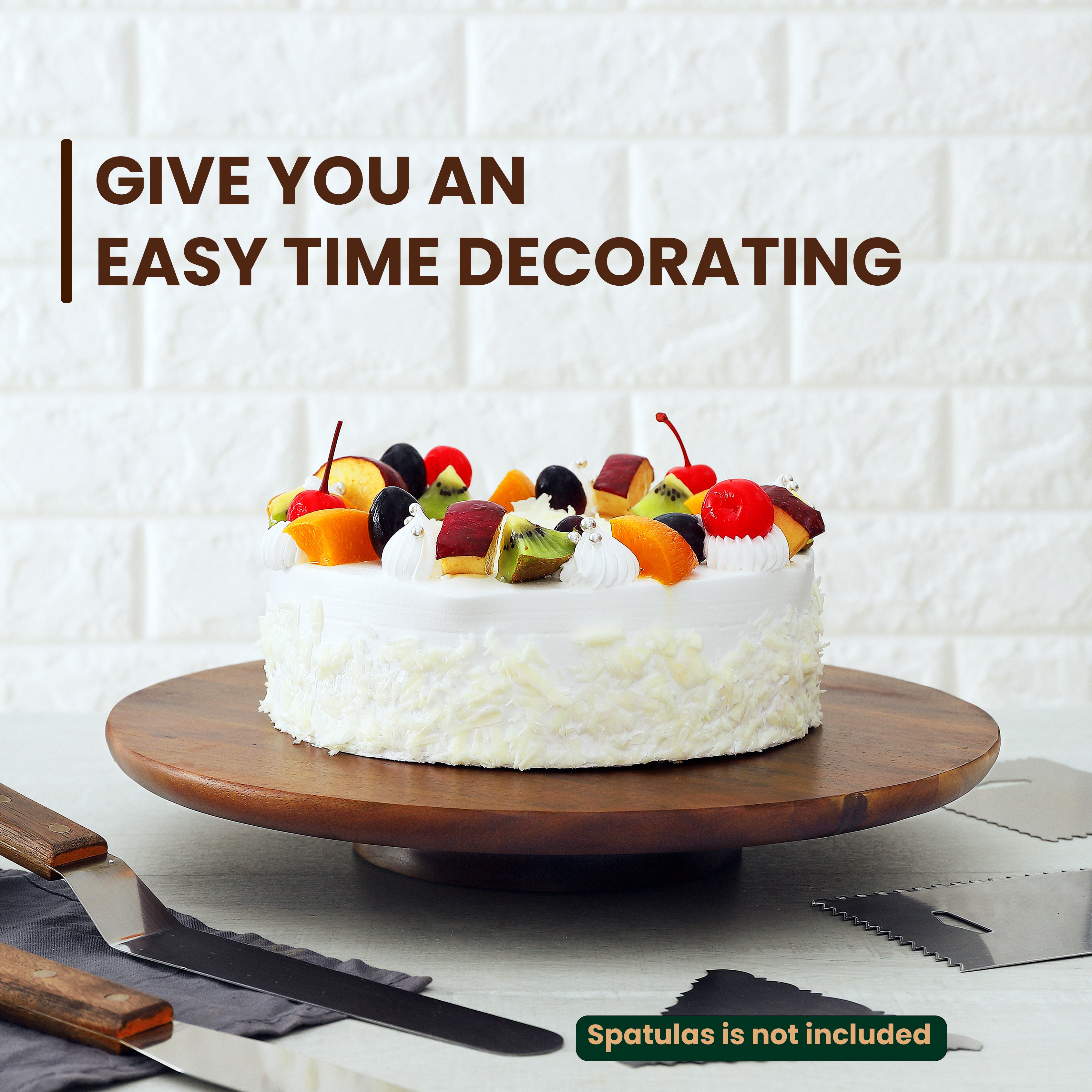 13" Acacia Cake Stand Rotating, Non-slip Pads, for Sizeable Cakes-thumbmail-9