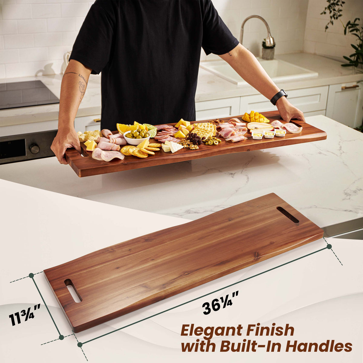 36" Large Acacia Wood Charcuterie Board, Built-in Handles, Raw Edge-thumbmail-2