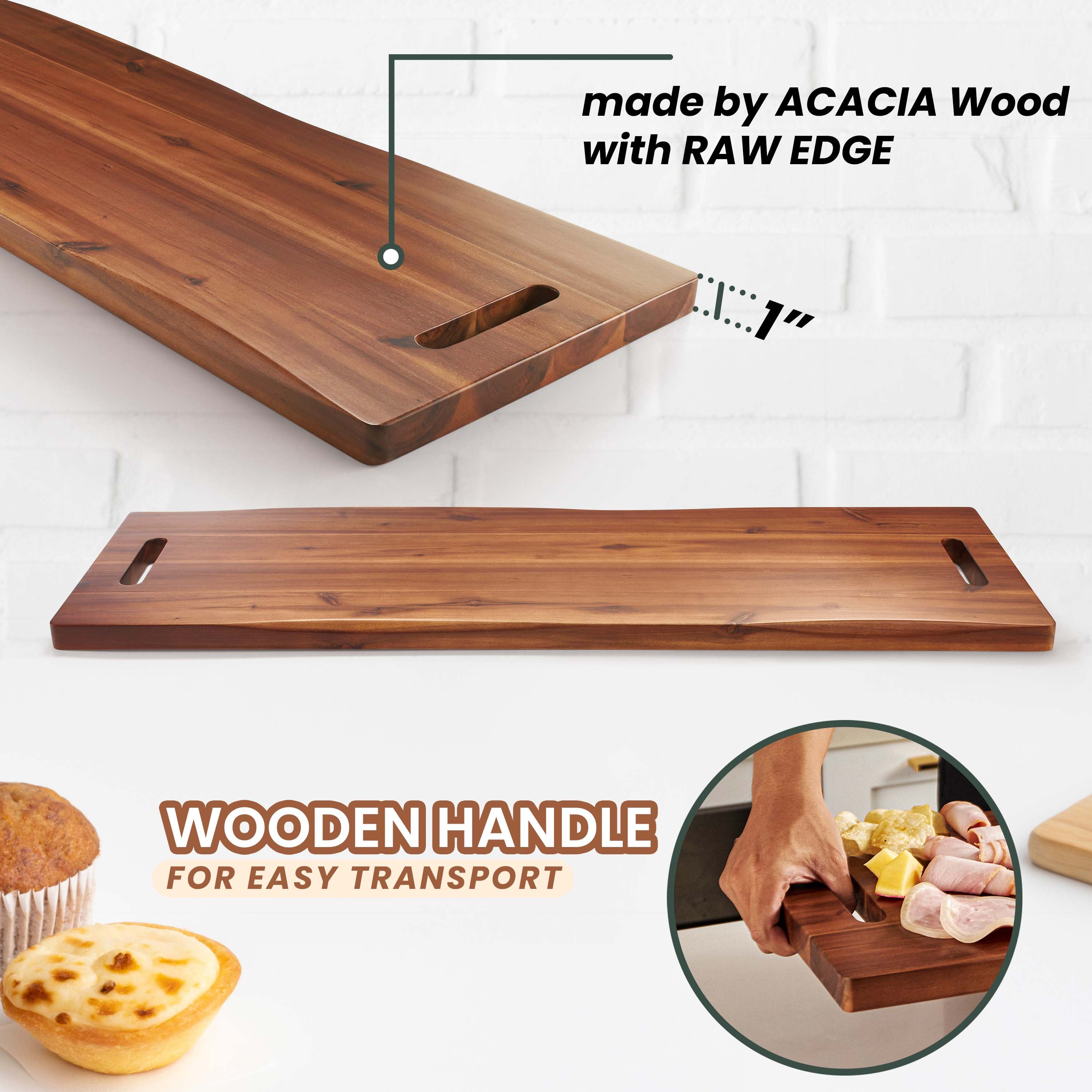 36" Large Acacia Wood Charcuterie Board, Built-in Handles, Raw Edge-thumbmail-3