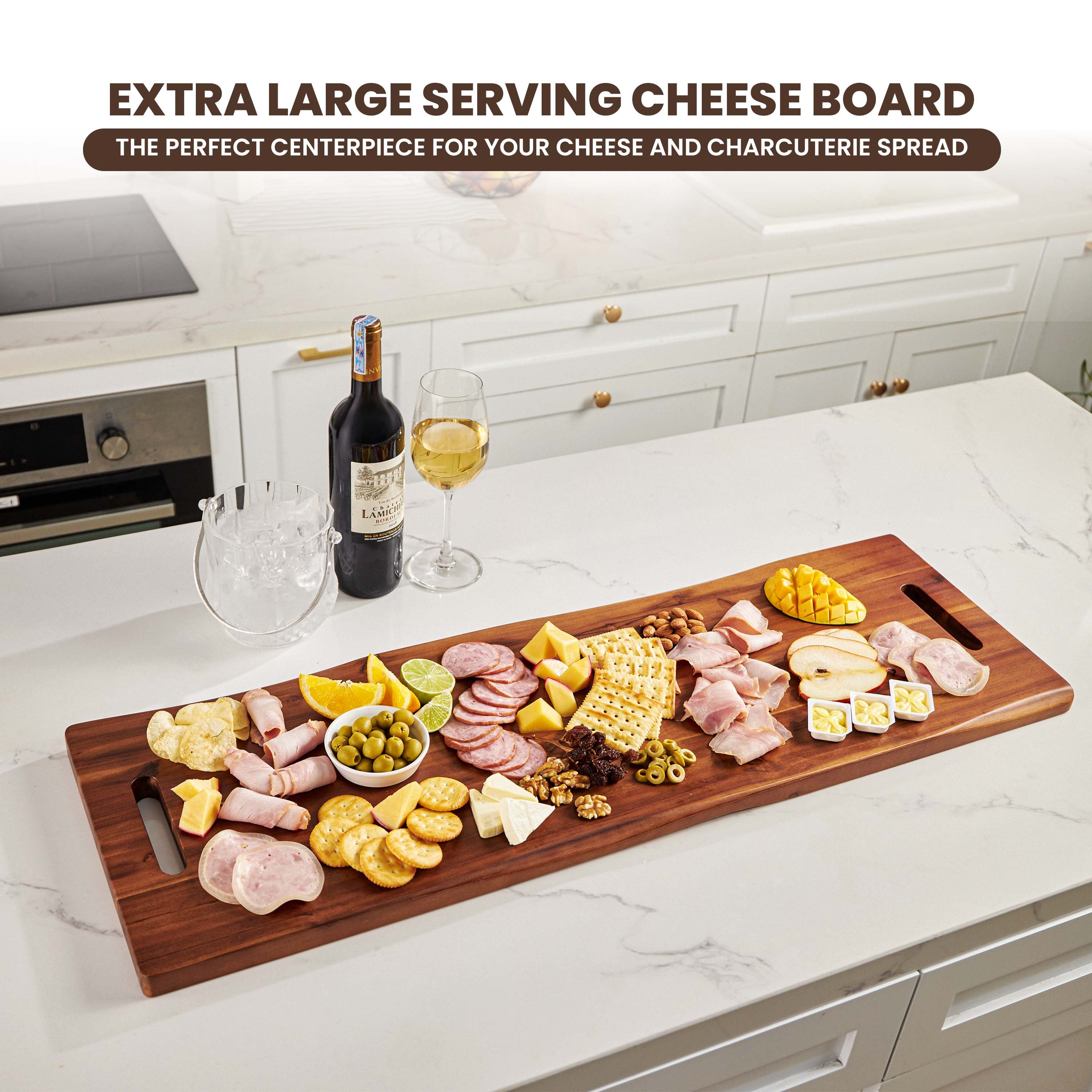 36" Large Acacia Wood Charcuterie Board, Built-in Handles, Raw Edge-thumbmail-5