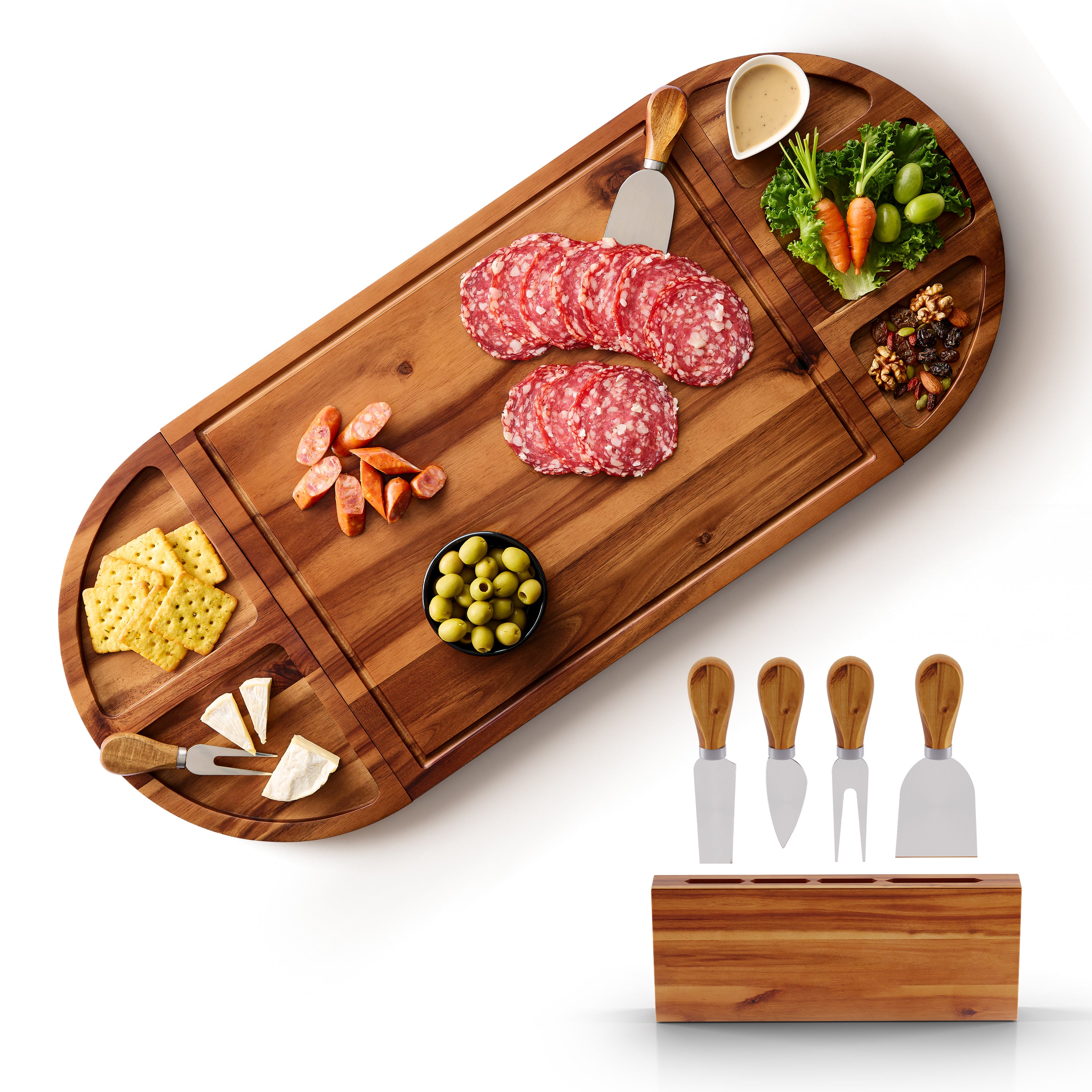 30" Large Acacia Wood Charcuterie Board with 4 Knives Set, Magnetic-thumbmail-1