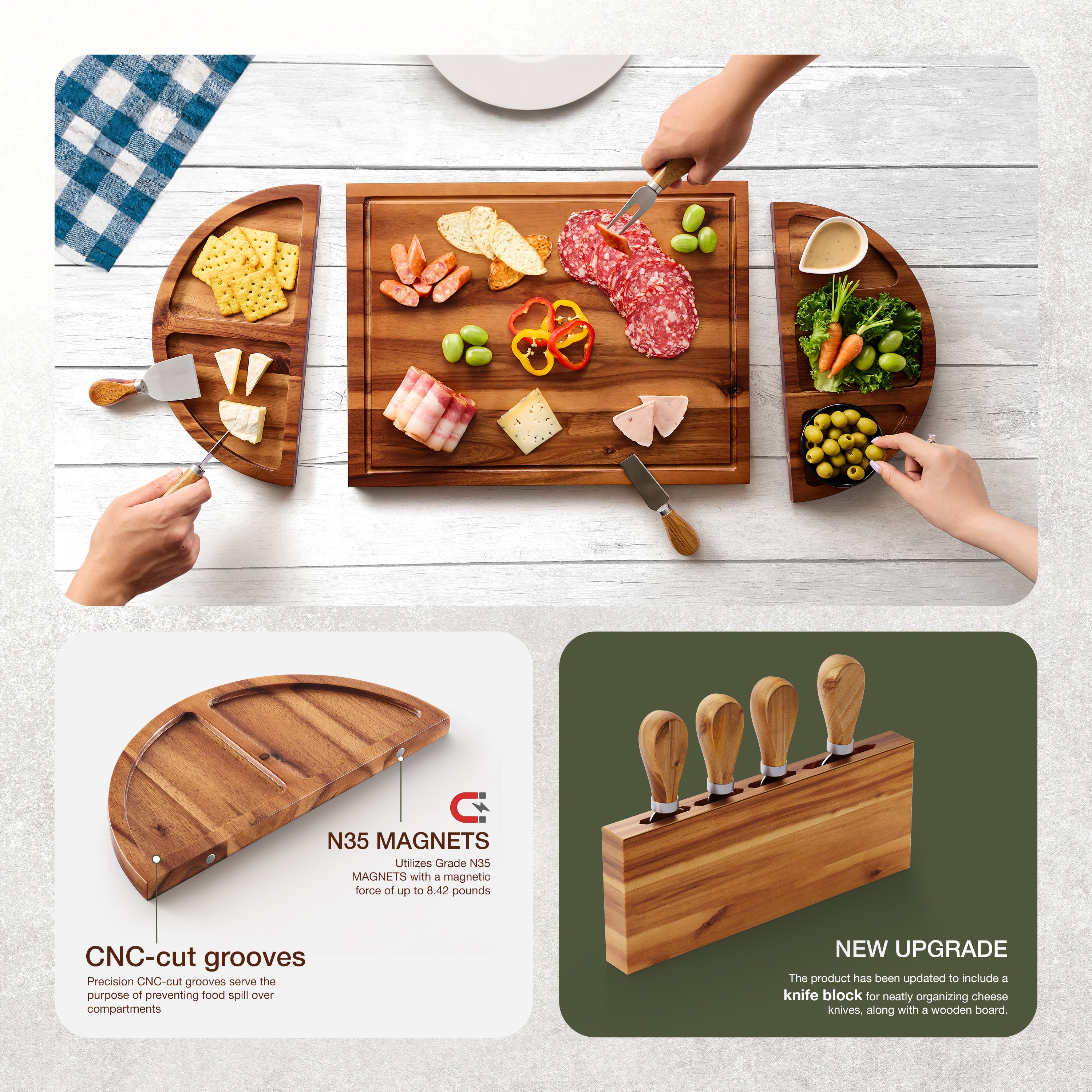 30" Large Acacia Wood Charcuterie Board with 4 Knives Set, Magnetic-thumbmail-2