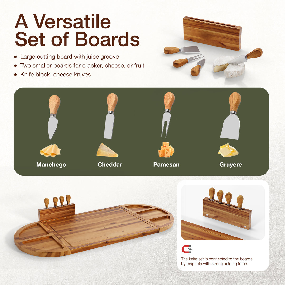30" Large Acacia Wood Charcuterie Board with 4 Knives Set, Magnetic-thumbmail-3