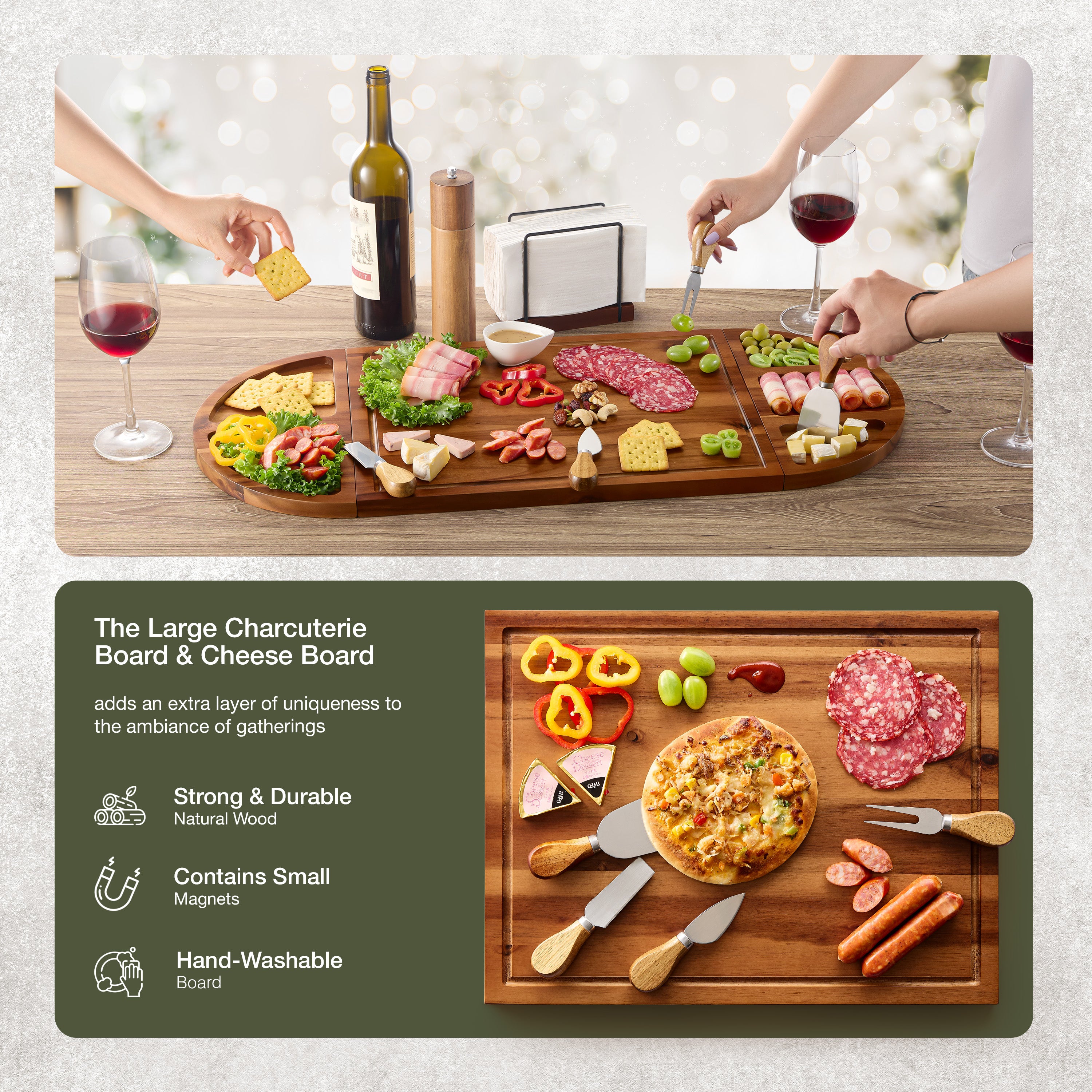 30" Large Acacia Wood Charcuterie Board with 4 Knives Set, Magnetic-thumbmail-5