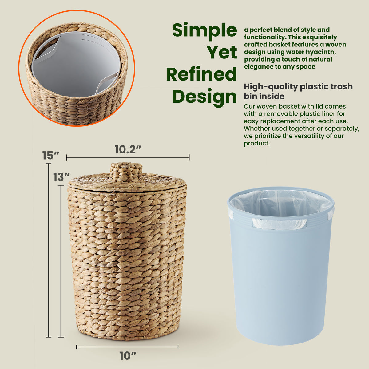 Wicker Waste Basket with Lid, 4 Gallon Water Hyacinth Trash Can-thumbmail-2