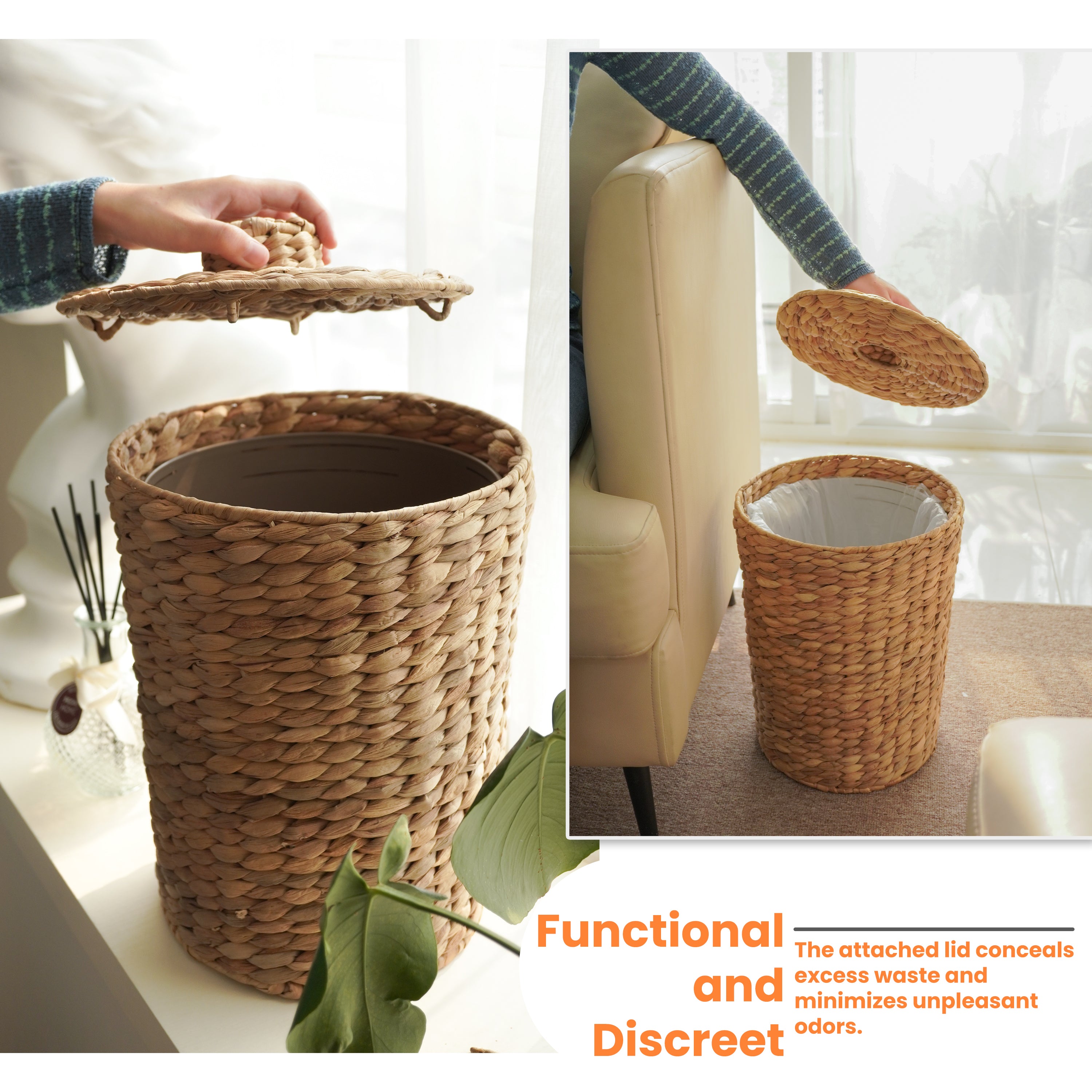 Wicker Waste Basket with Lid, 4 Gallon Water Hyacinth Trash Can-thumbmail-4
