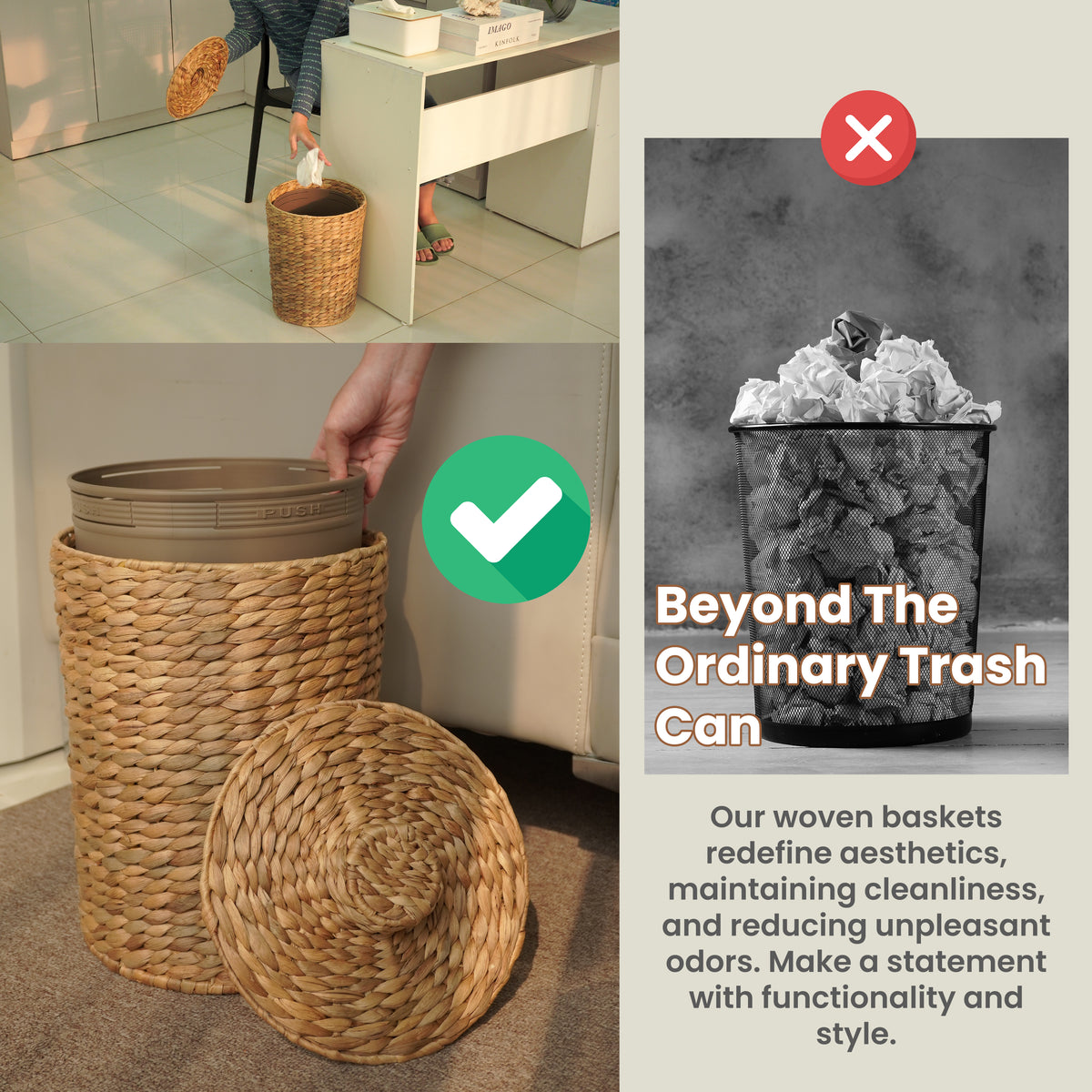 Wicker Waste Basket with Lid, 4 Gallon Water Hyacinth Trash Can-thumbmail-6