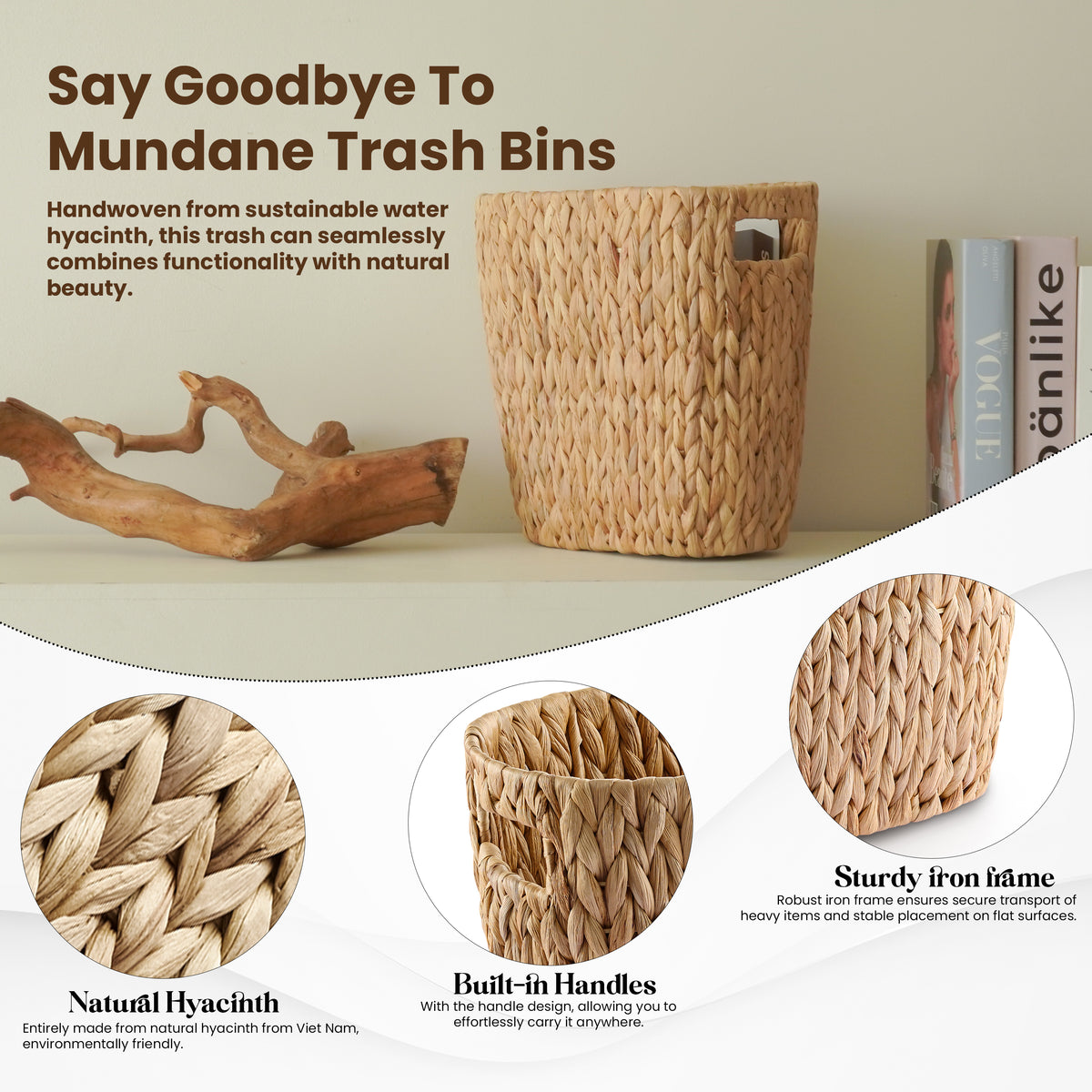 Water Hyacinth Wicker Waste Basket for Bathroom with Handle,4 Gallon-thumbmail-4