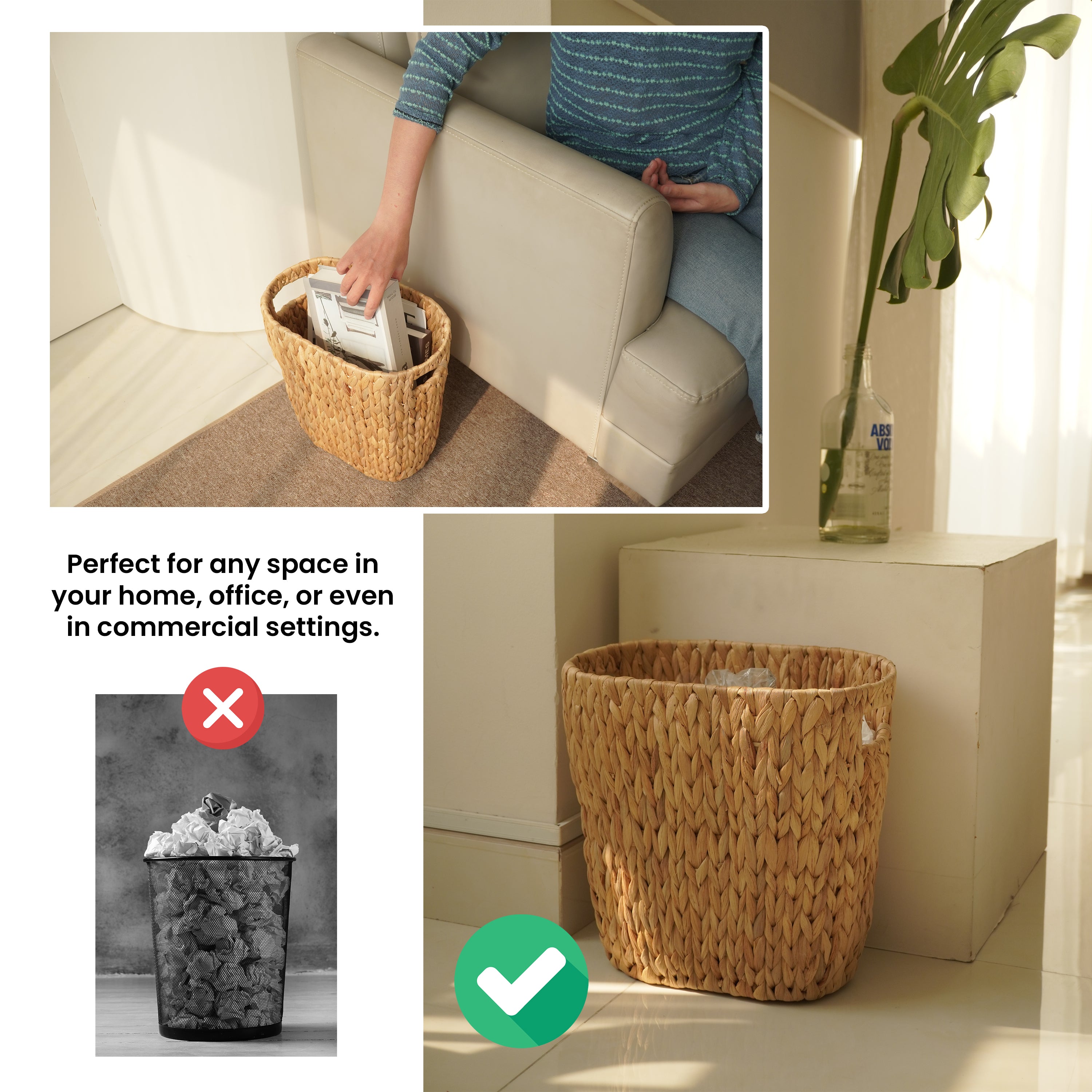Water Hyacinth Wicker Waste Basket for Bathroom with Handle,4 Gallon-thumbmail-5