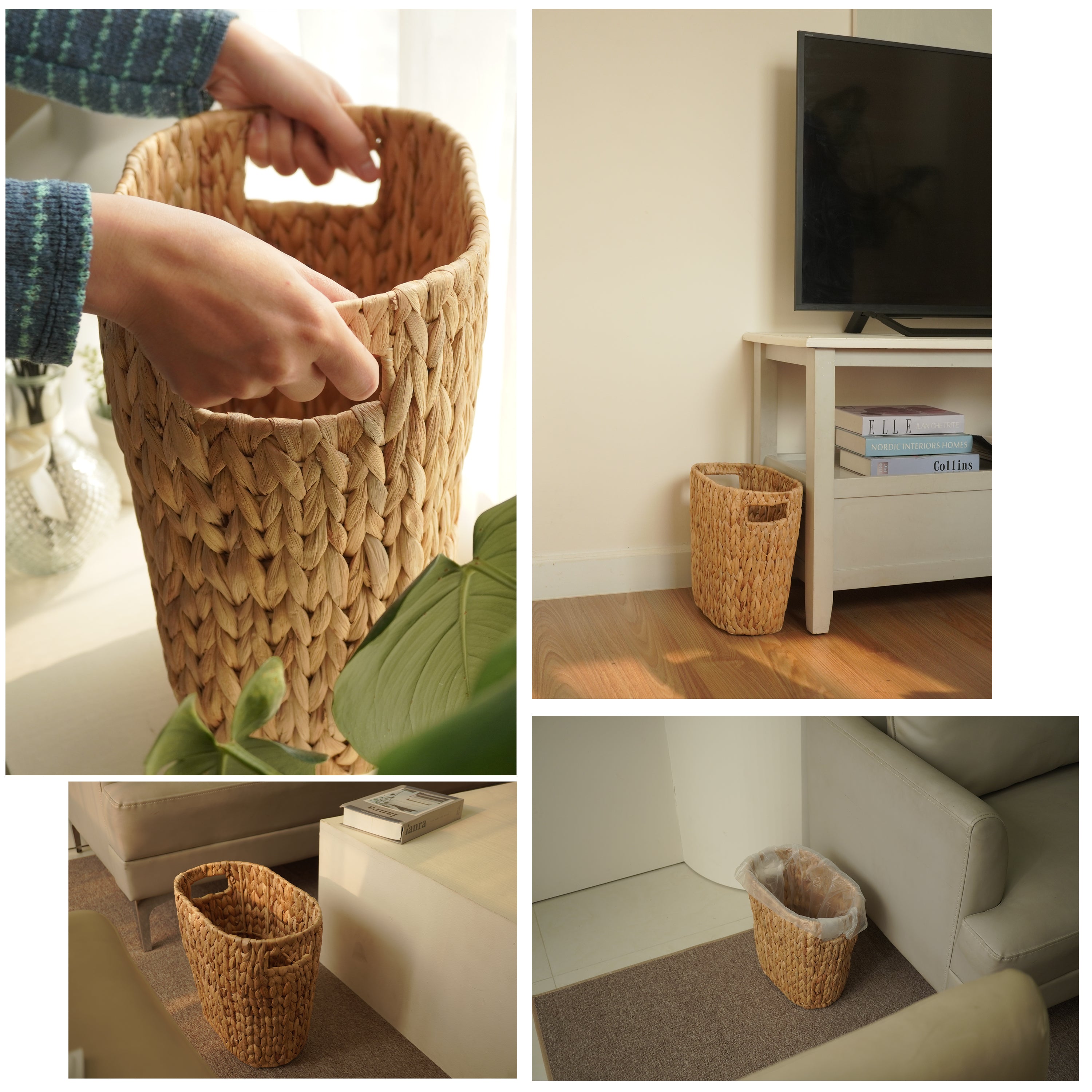 Water Hyacinth Wicker Waste Basket for Bathroom with Handle,4 Gallon-thumbmail-2
