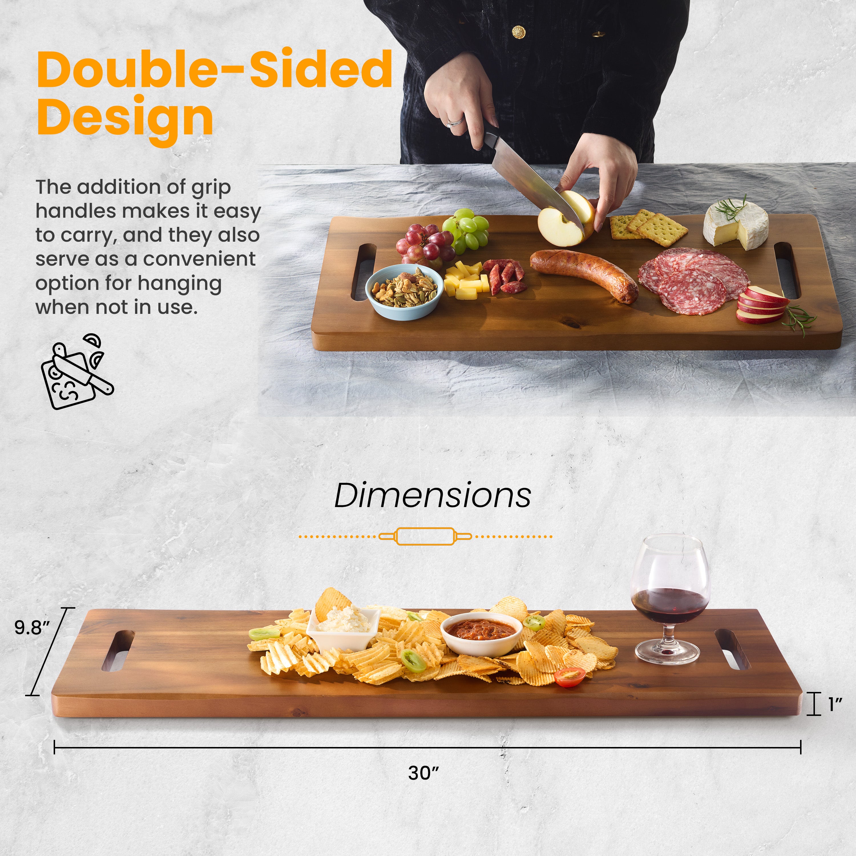 30" Large Acacia Wood Charcuterie Board, Built-in Handles, Raw Edge-thumbmail-3