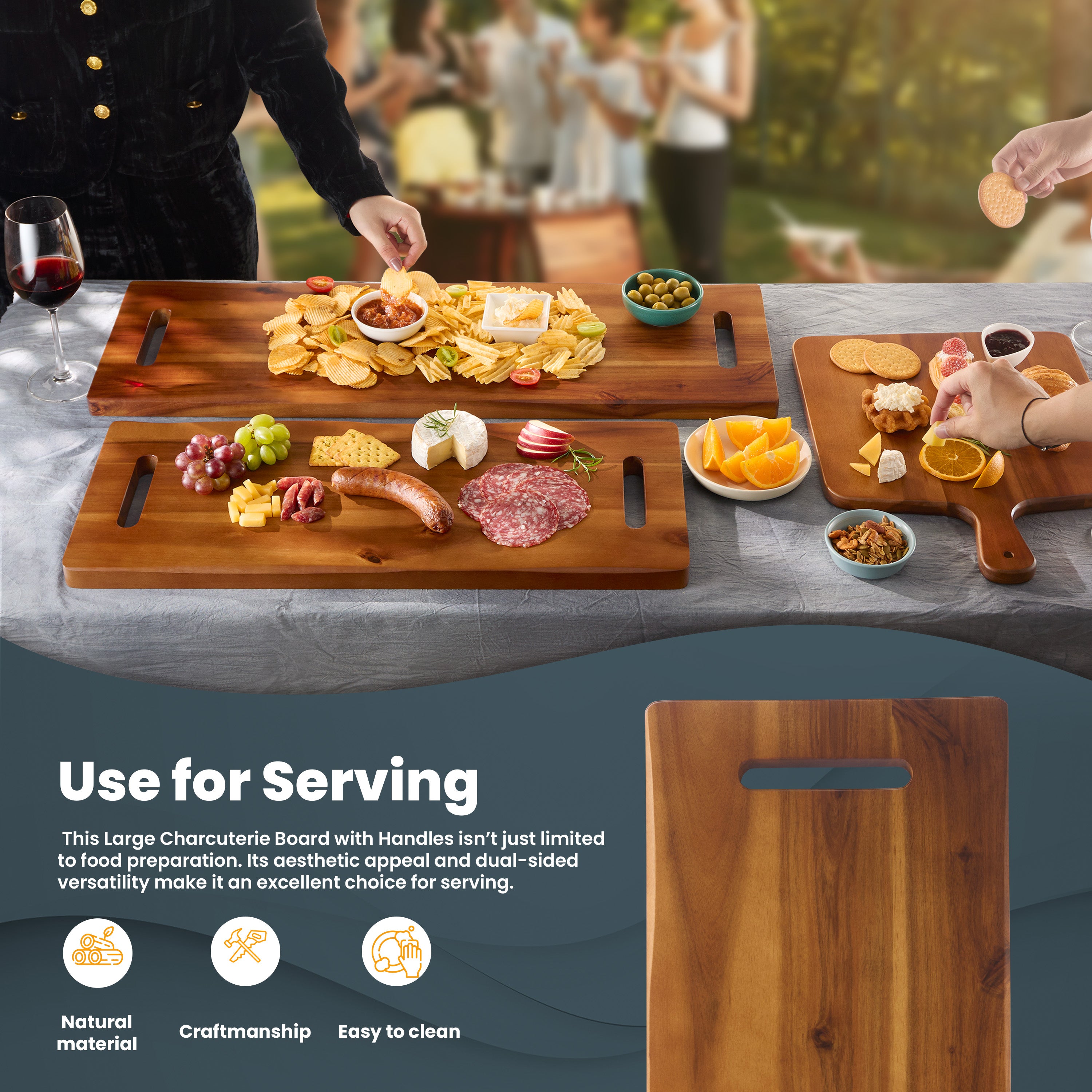 30" Large Acacia Wood Charcuterie Board, Built-in Handles, Raw Edge-thumbmail-4