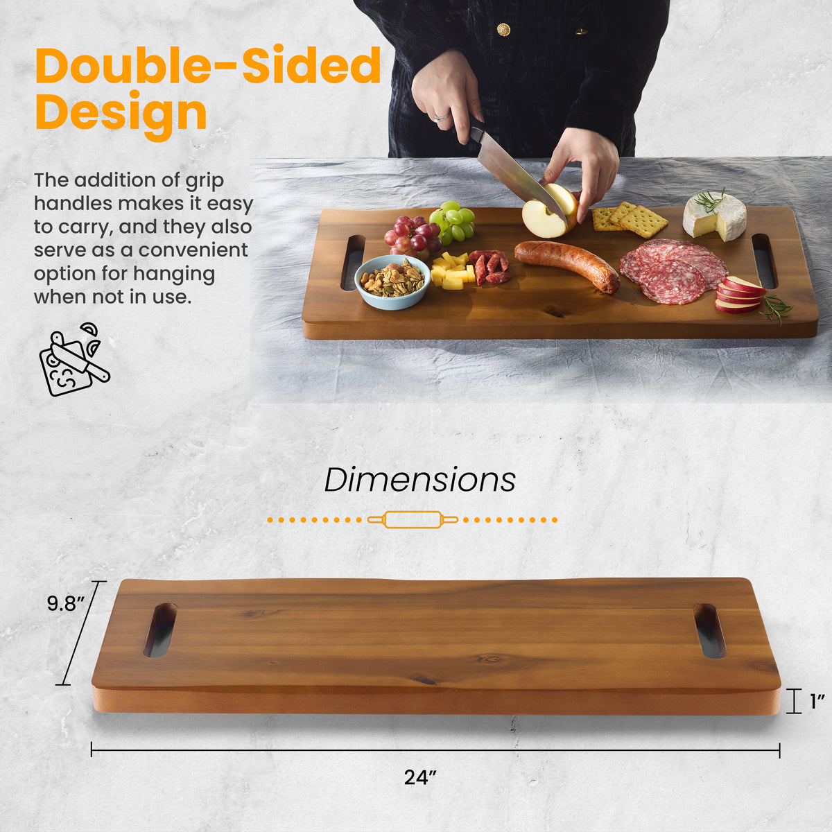 24" Large Acacia Wood Charcuterie Board, Built-in Handles, Raw Edge-thumbmail-2