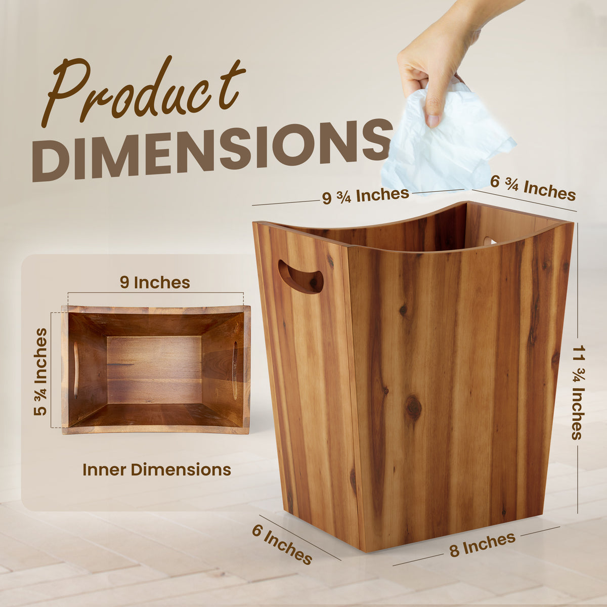2 Gallon Acacia Wooden Wastebasket, Non-slip Trash Can, Open Top-thumbmail-3