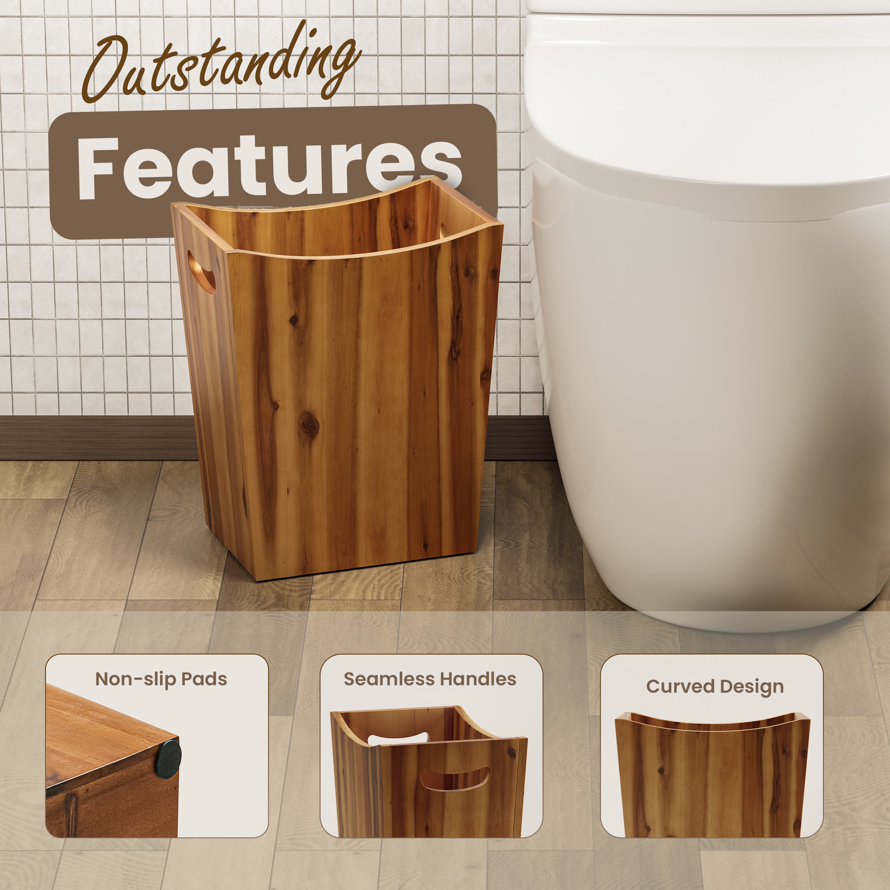 2 Gallon Acacia Wooden Wastebasket, Non-slip Trash Can, Open Top-thumbmail-4