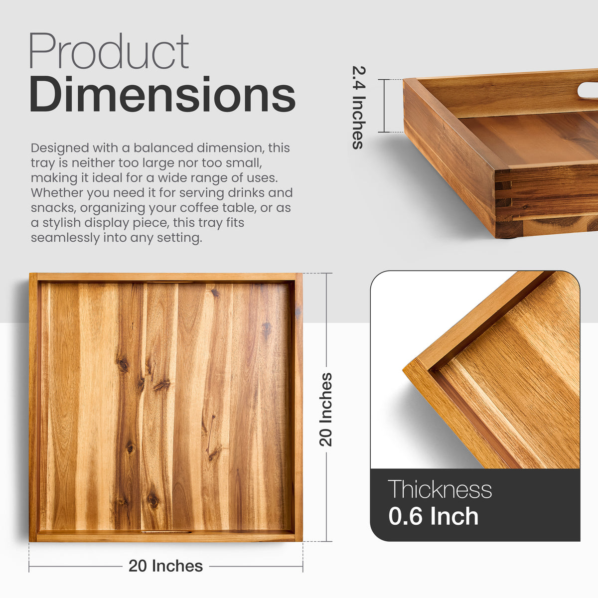 20" x 20" Square Wooden Ottoman Tray, Built-in Handles, Serving Tray-thumbmail-4
