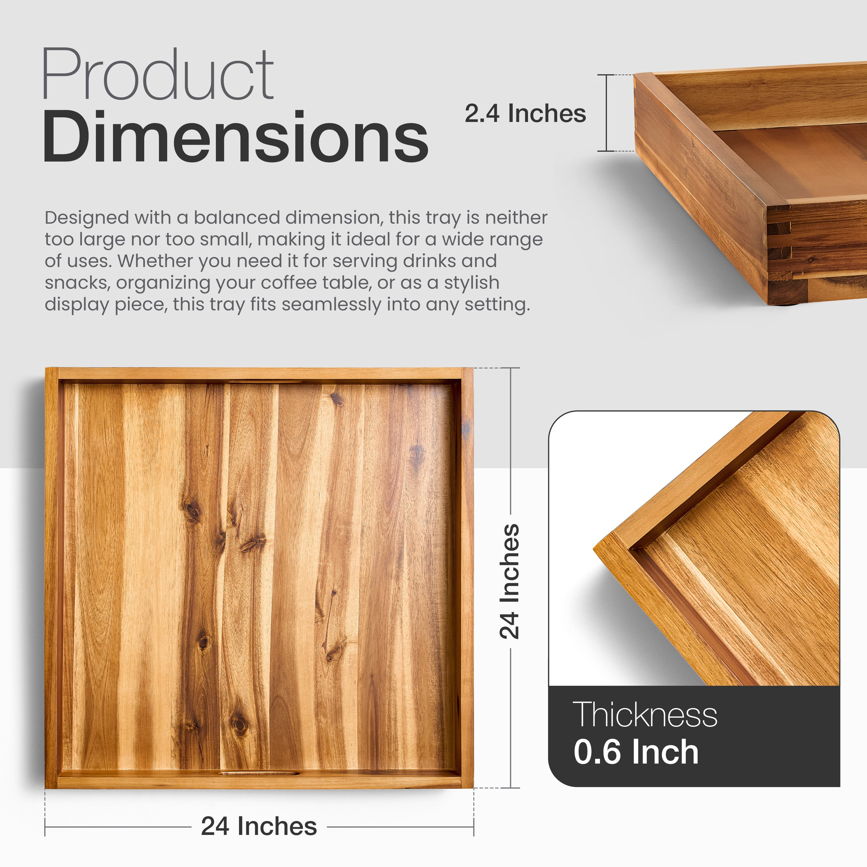 24" x 24" Square Wooden Ottoman Tray, Built-in Handles, Serving Tray-thumbmail-4