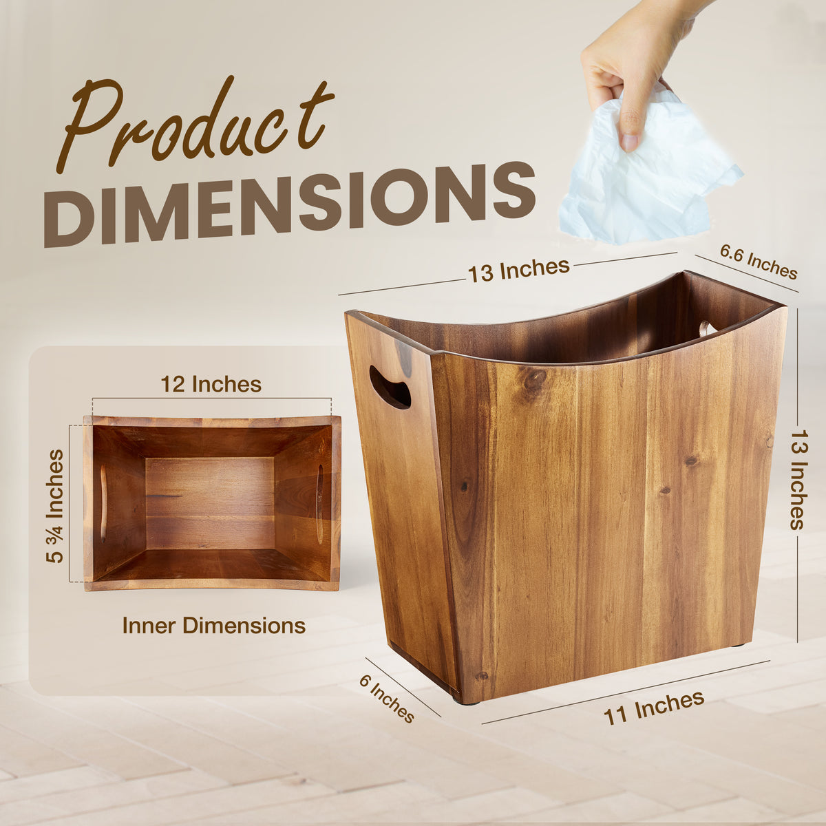3-Gallon Wood Trash Can with Handles for Kitchen, Bathroom, Office-thumbmail-2