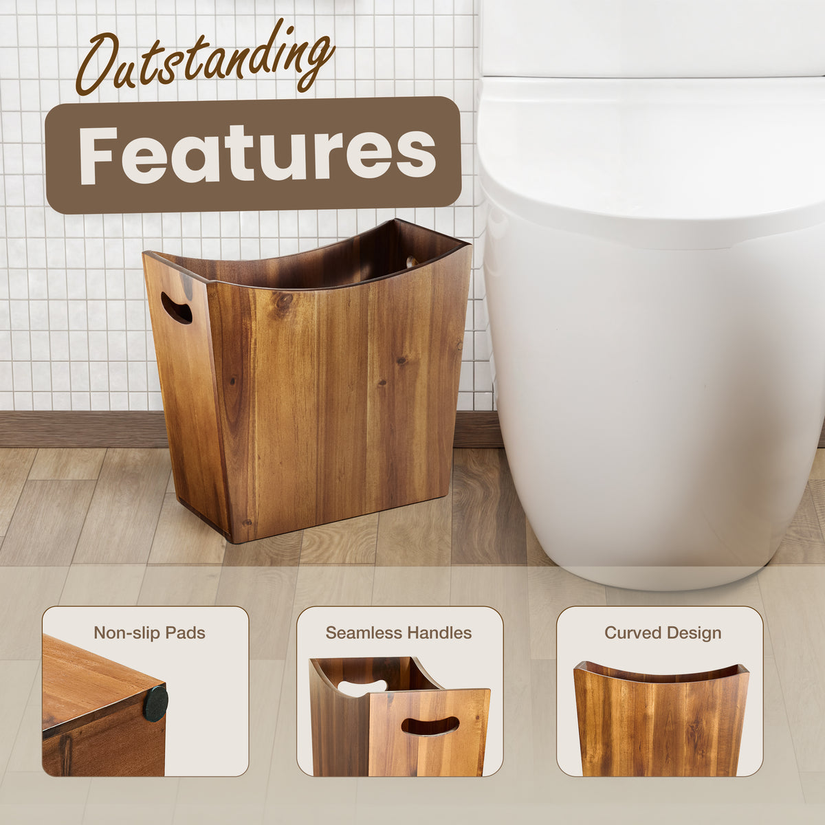 3-Gallon Wood Trash Can with Handles for Kitchen, Bathroom, Office-thumbmail-3