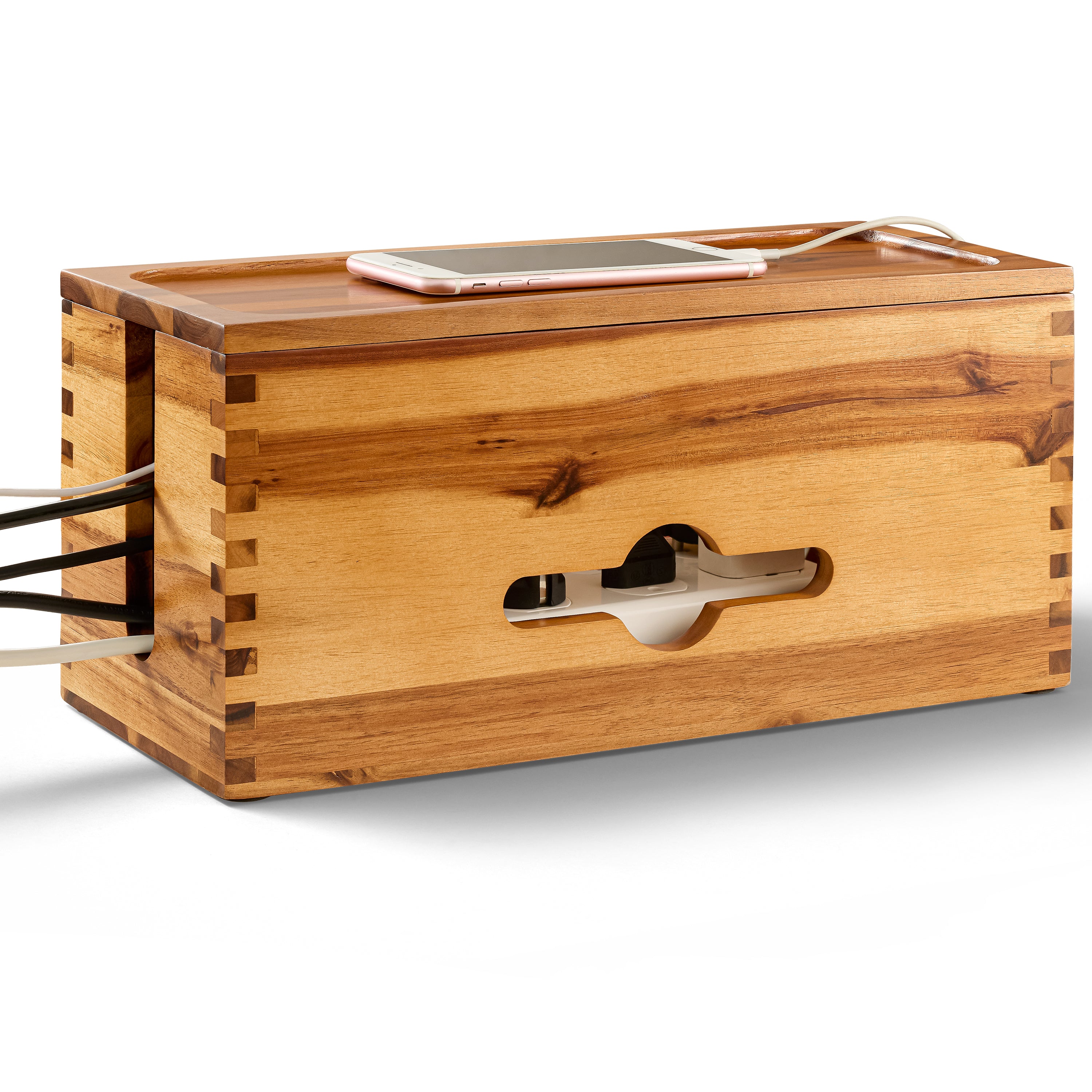 Acacia Wood Cable Management Box – Large Cord Organizer & Power Strip Cover-thumbmail-1