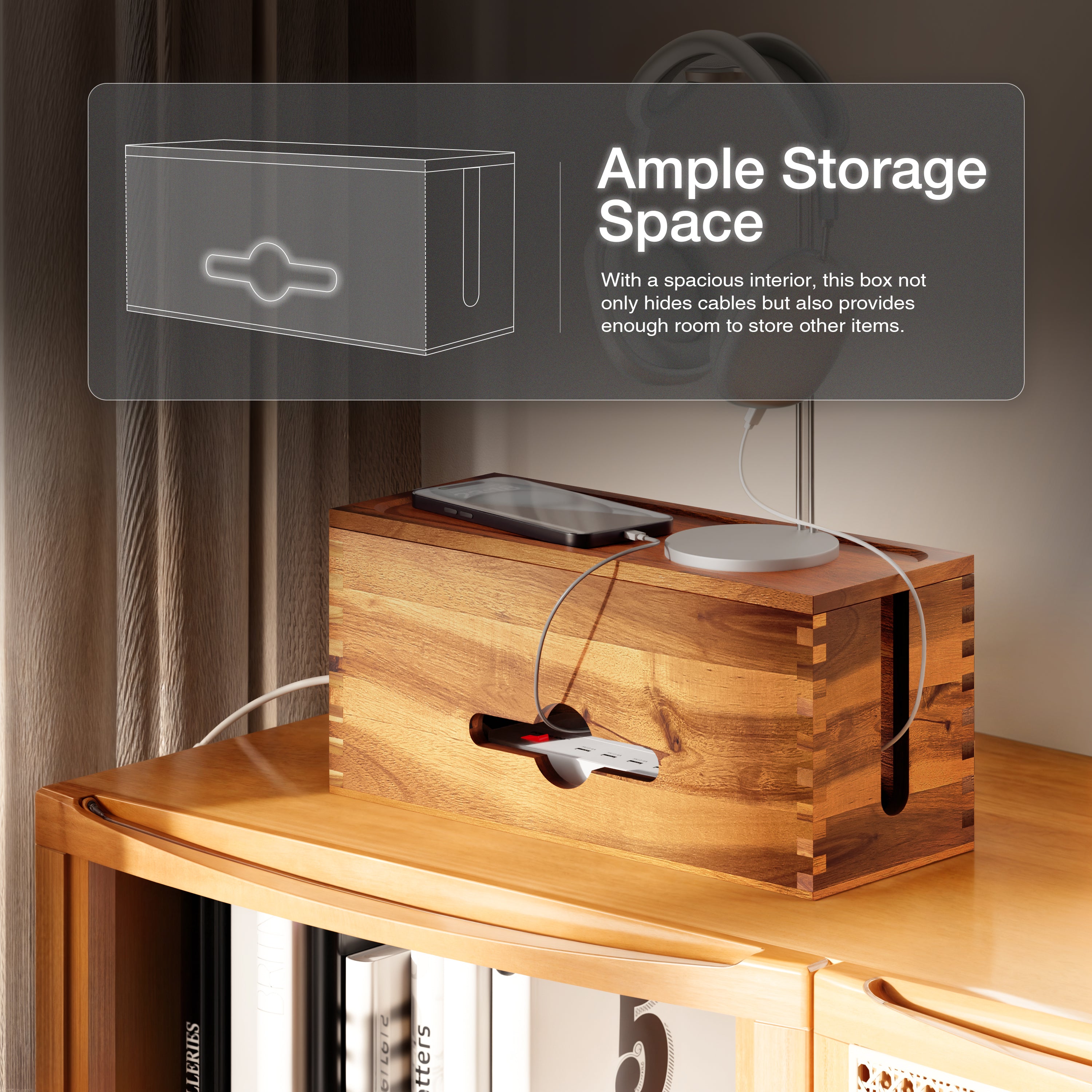Acacia Wood Cable Management Box – Large Cord Organizer & Power Strip Cover-thumbmail-7