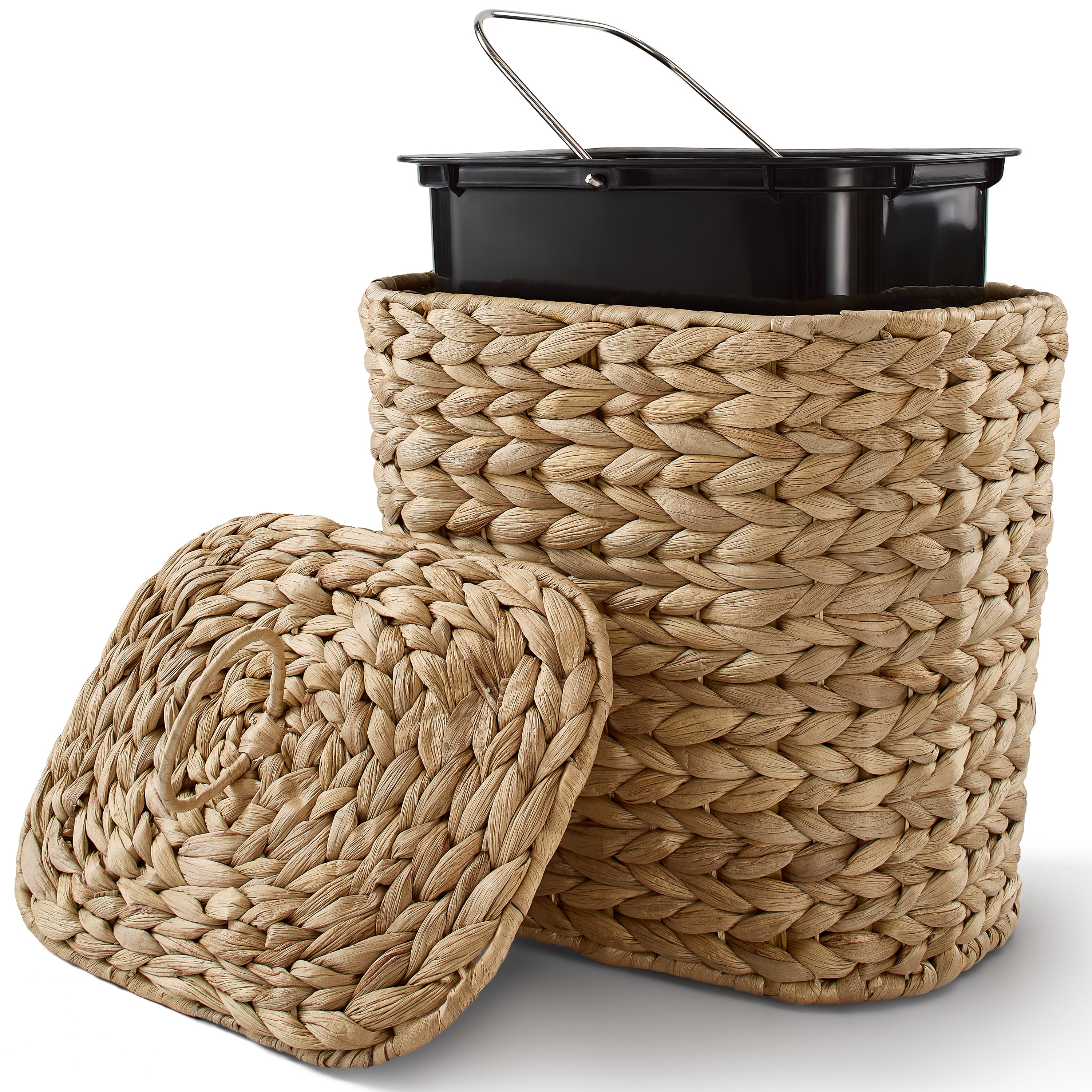 1.5 Gallon Wicker Wastebasket with Lid, Woven from Water Hyacinth