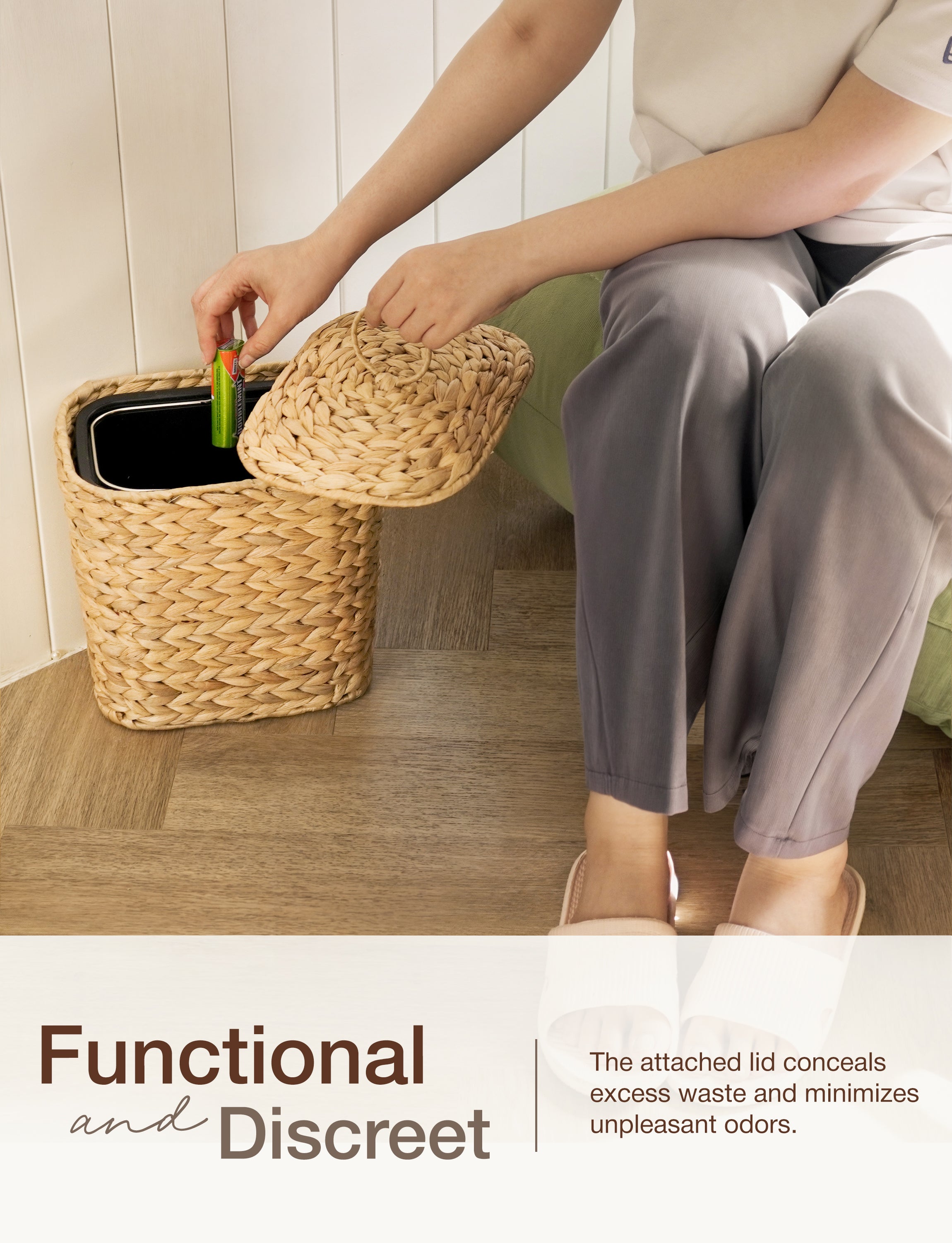 1.5 Gallon Wicker Wastebasket with Lid, Woven from Water Hyacinth