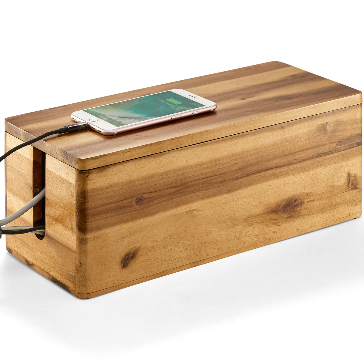 16"L Wooden Cable Management Box Round Edge, Magnetic Lid, Large-thumbmail-1
