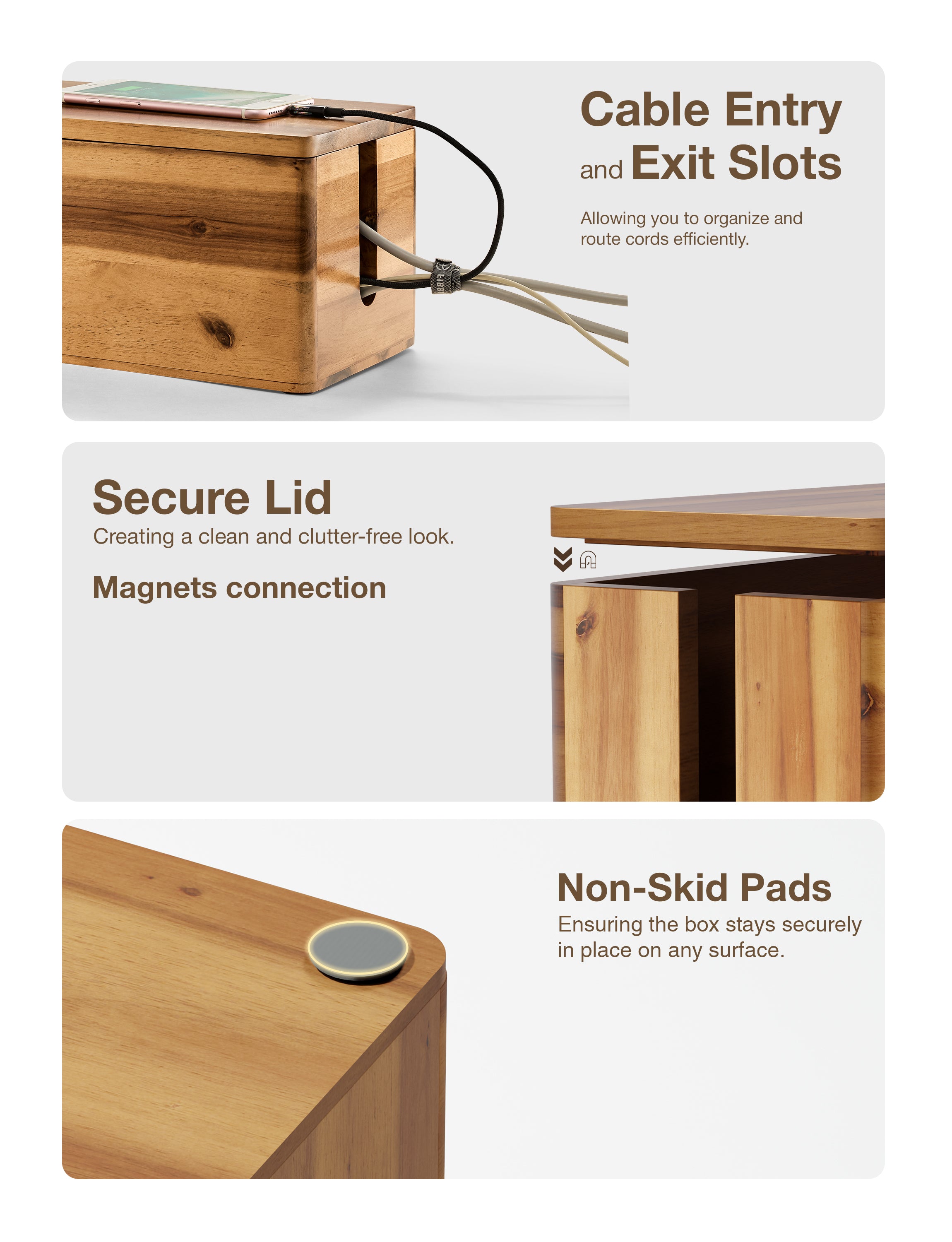 16"L Wooden Cable Management Box Round Edge, Magnetic Lid, Large-thumbmail-5