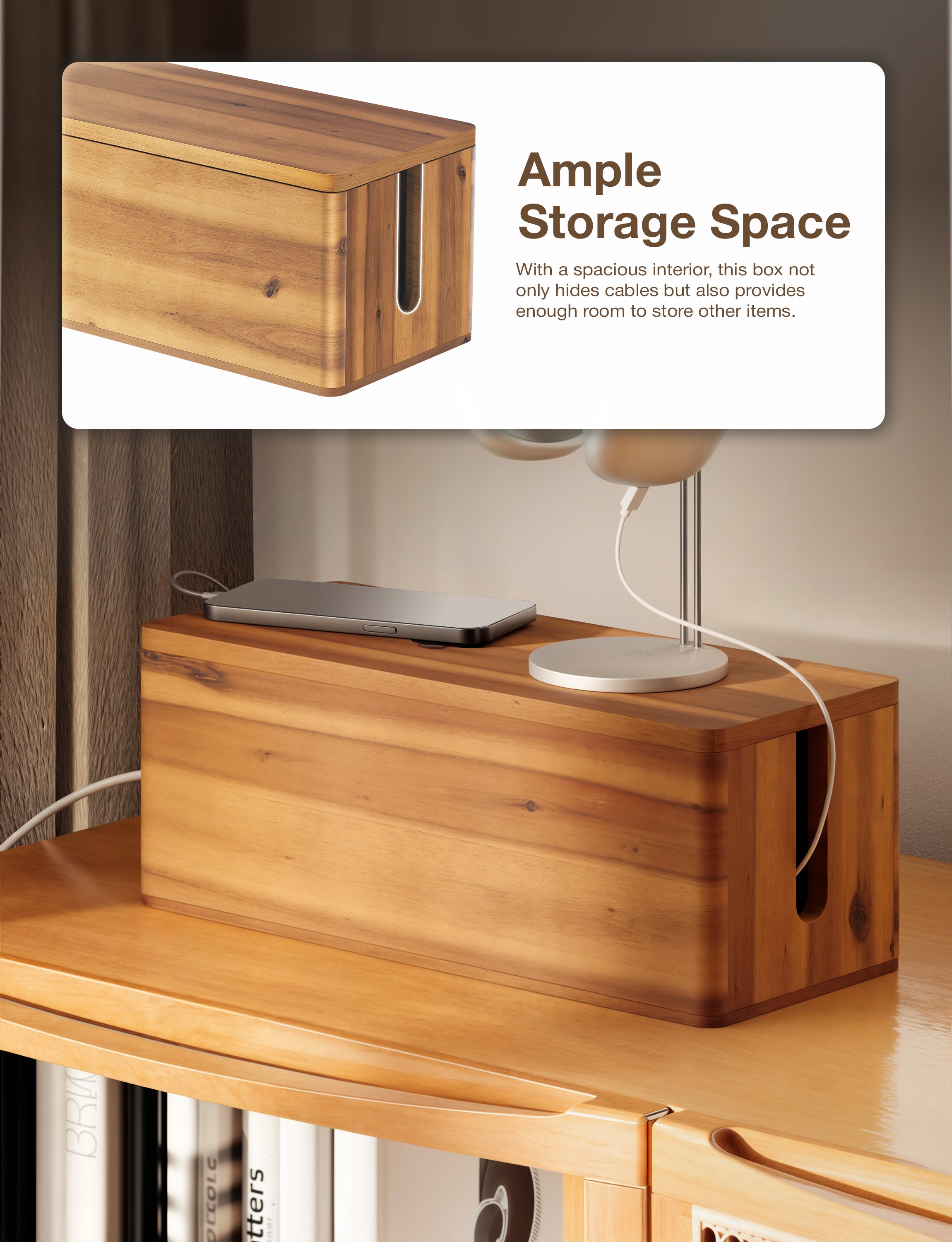 16"L Wooden Cable Management Box Round Edge, Magnetic Lid, Large-thumbmail-7