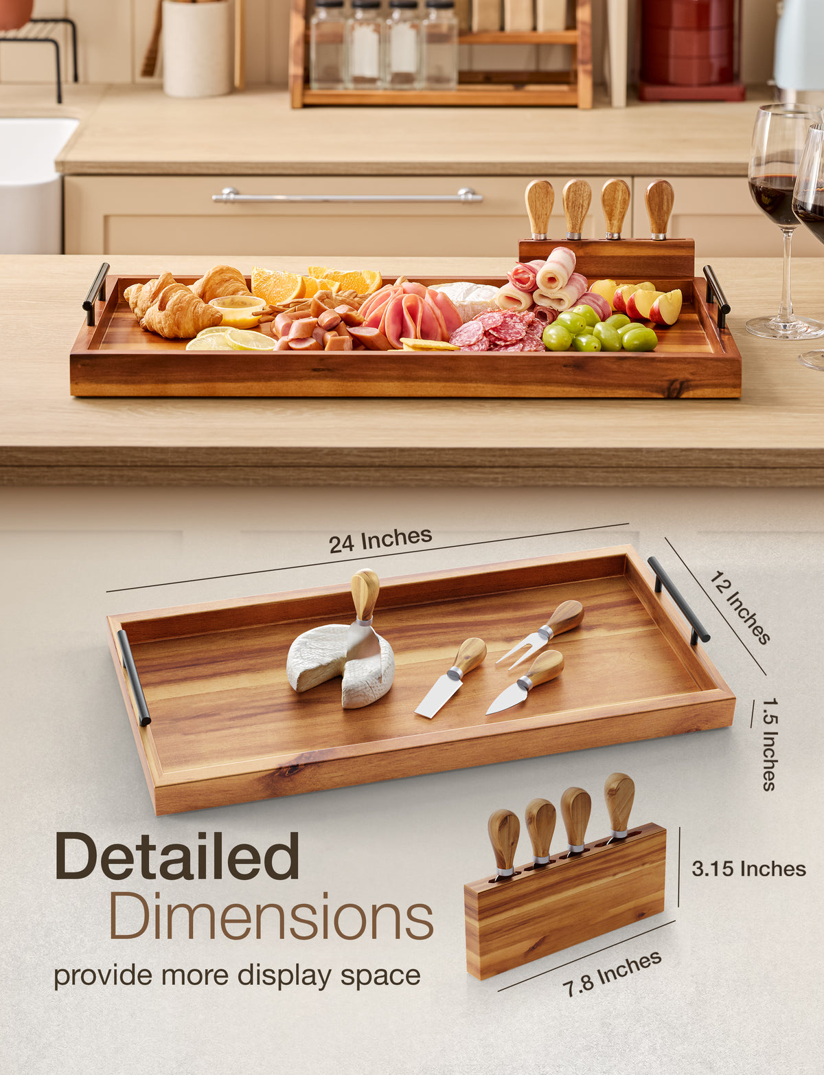 24" Acacia Large Charcuterie Boards for Party, Handles, Walnut color-thumbmail-2