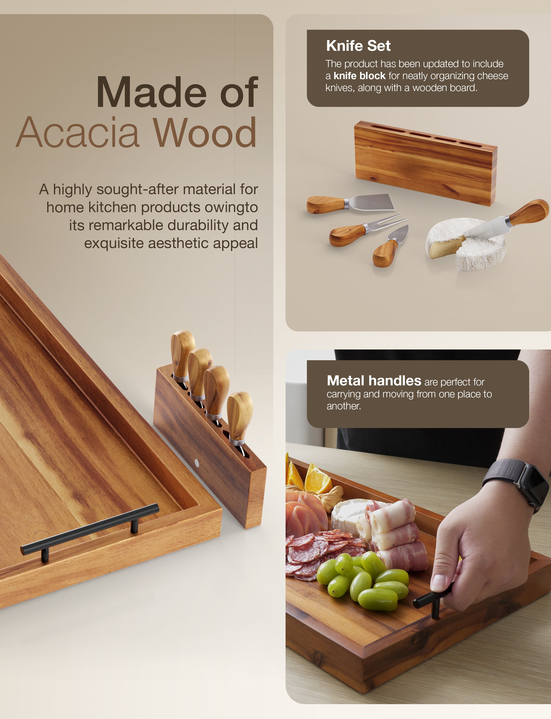 24" Acacia Large Charcuterie Boards for Party, Handles, Walnut color-thumbmail-3