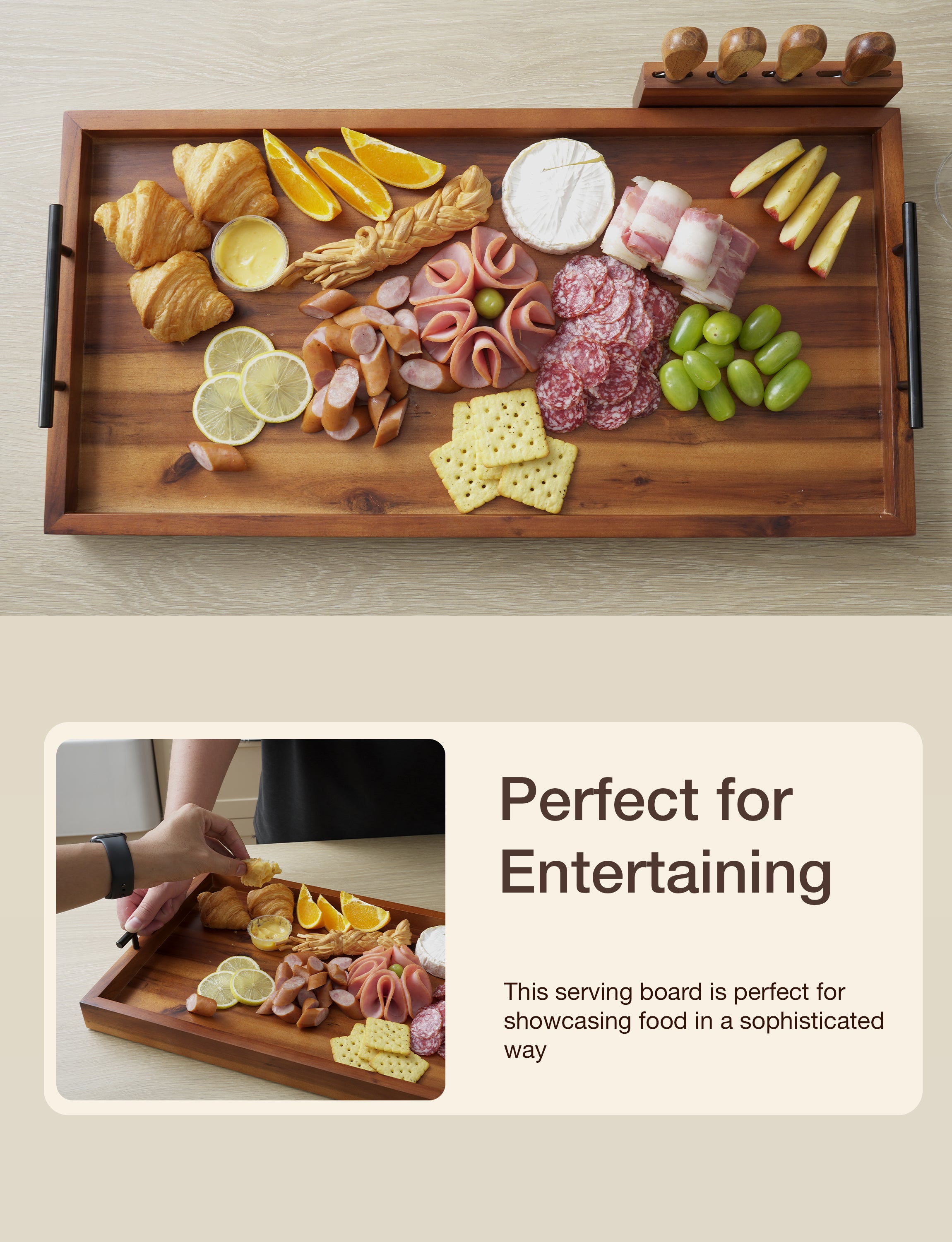 24" Acacia Large Charcuterie Boards for Party, Handles, Walnut color-thumbmail-4