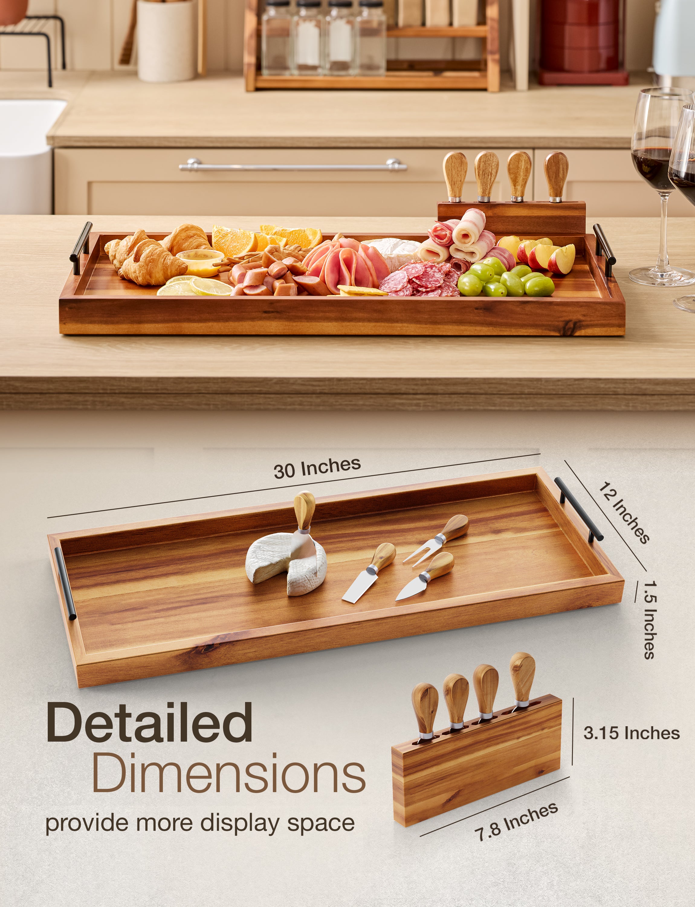 30" Acacia Large Charcuterie Boards for Party with Metal Handles-thumbmail-2