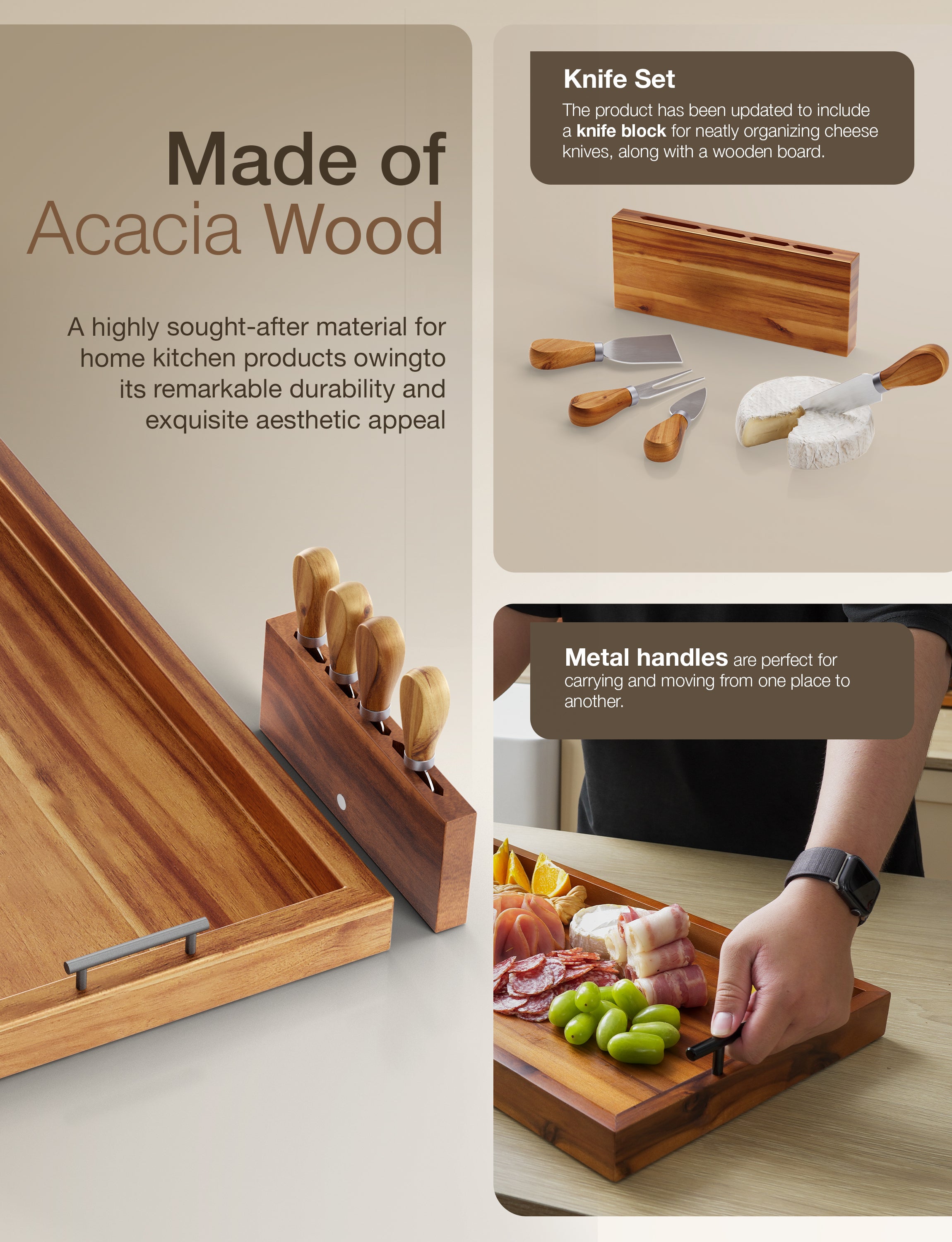 30" Acacia Large Charcuterie Boards for Party with Metal Handles-thumbmail-3