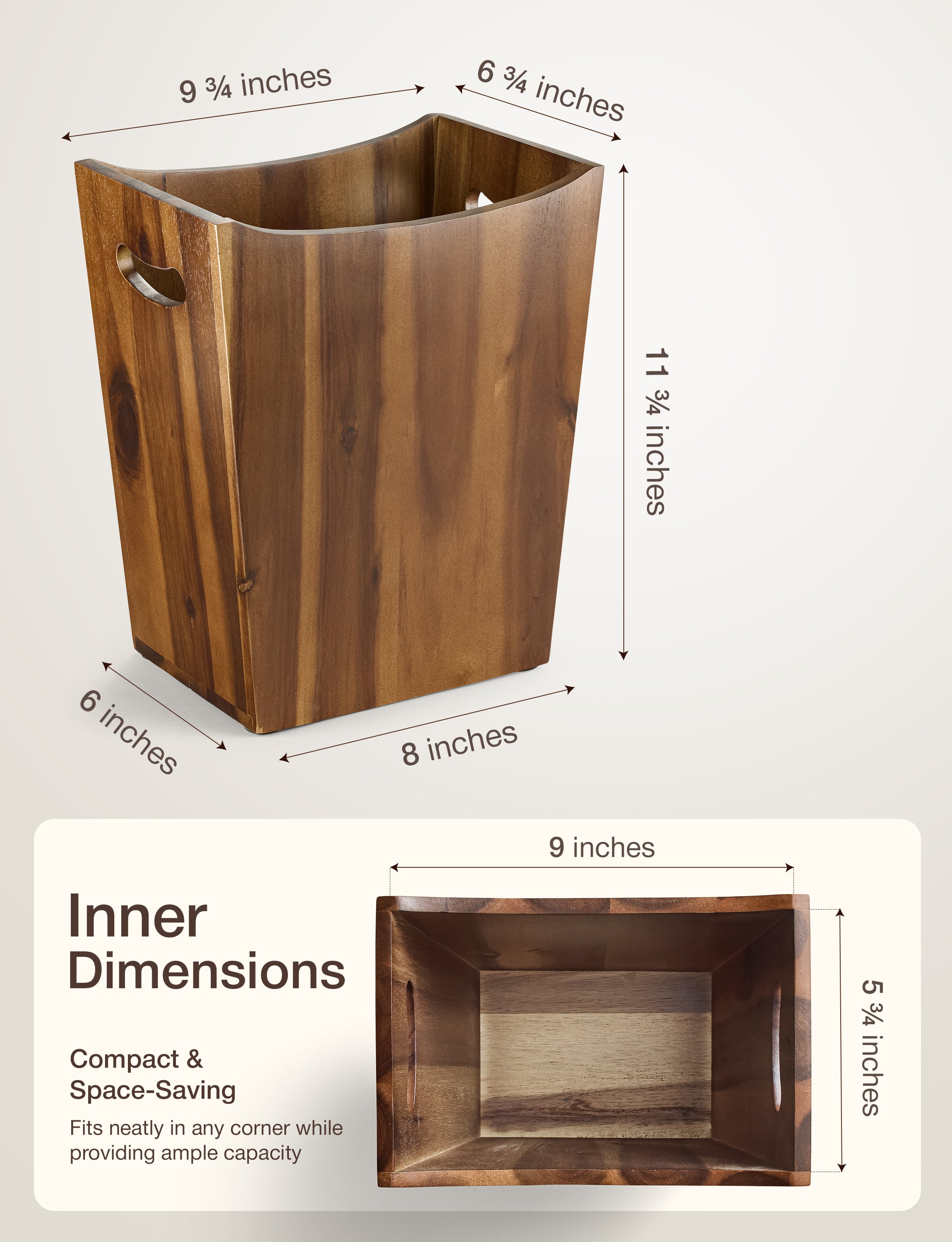 2 Gallon Rectangular Wastebasket with Built-in Handles, Walnut Color-thumbmail-3