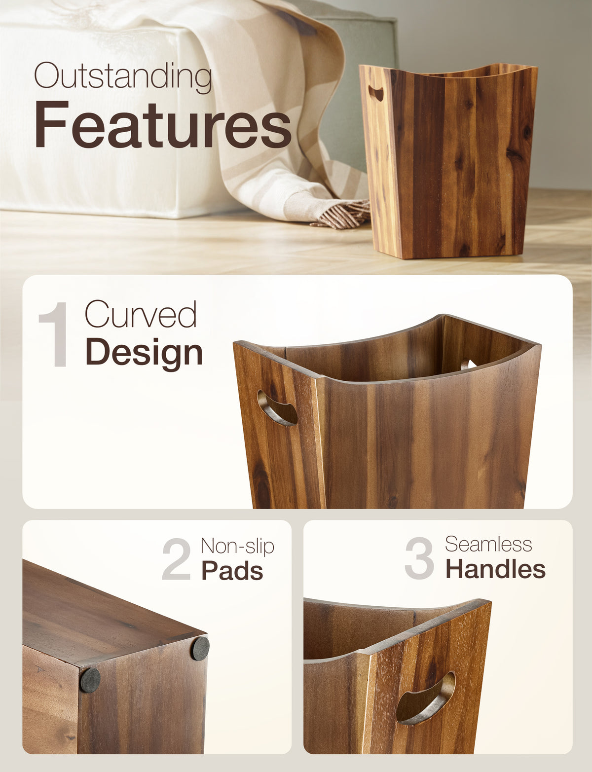 2 Gallon Rectangular Wastebasket with Built-in Handles, Walnut Color-thumbmail-4