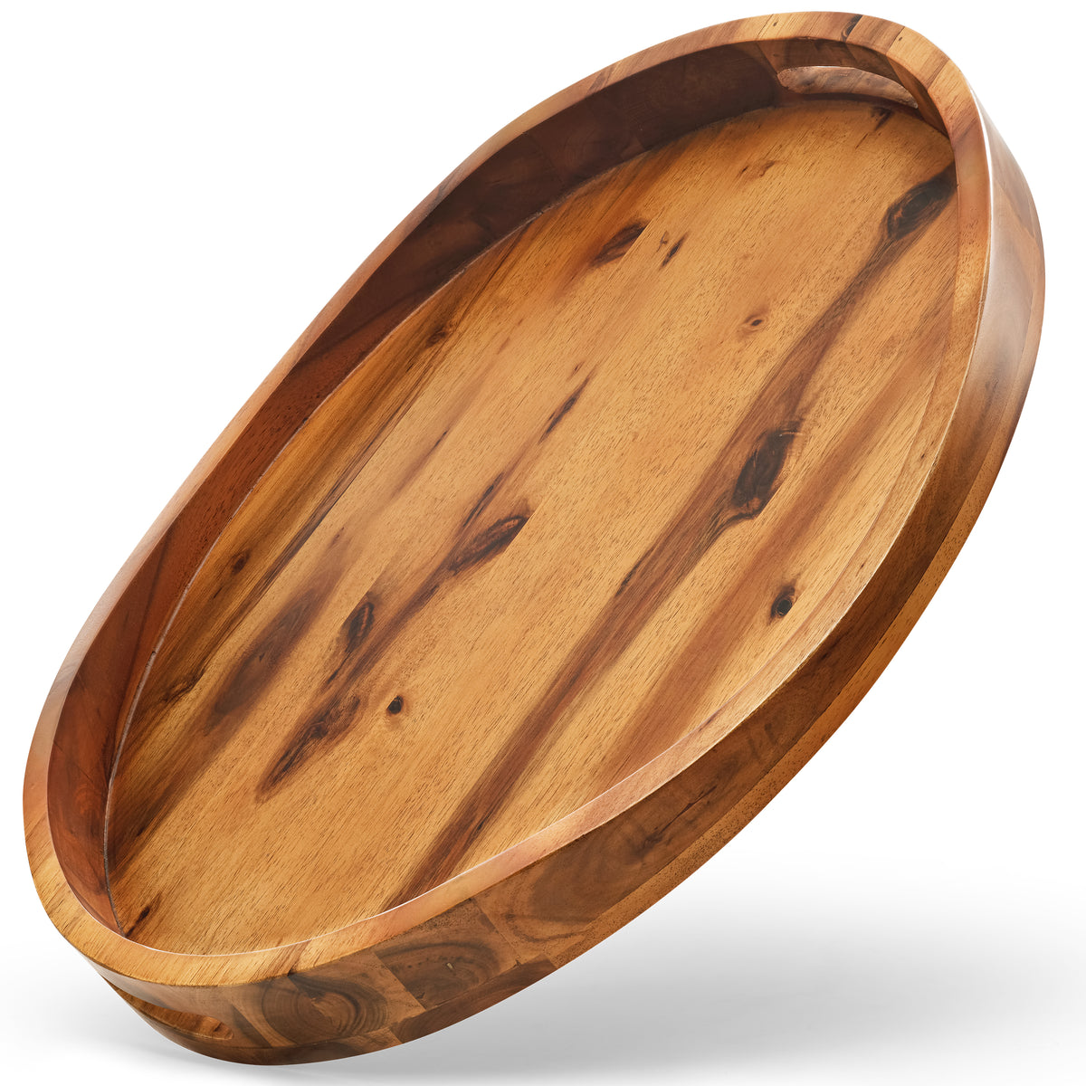 Acacia Oval Wooden Serving Tray with Handle, 20"x15" Ottoman Tray-thumbmail-1