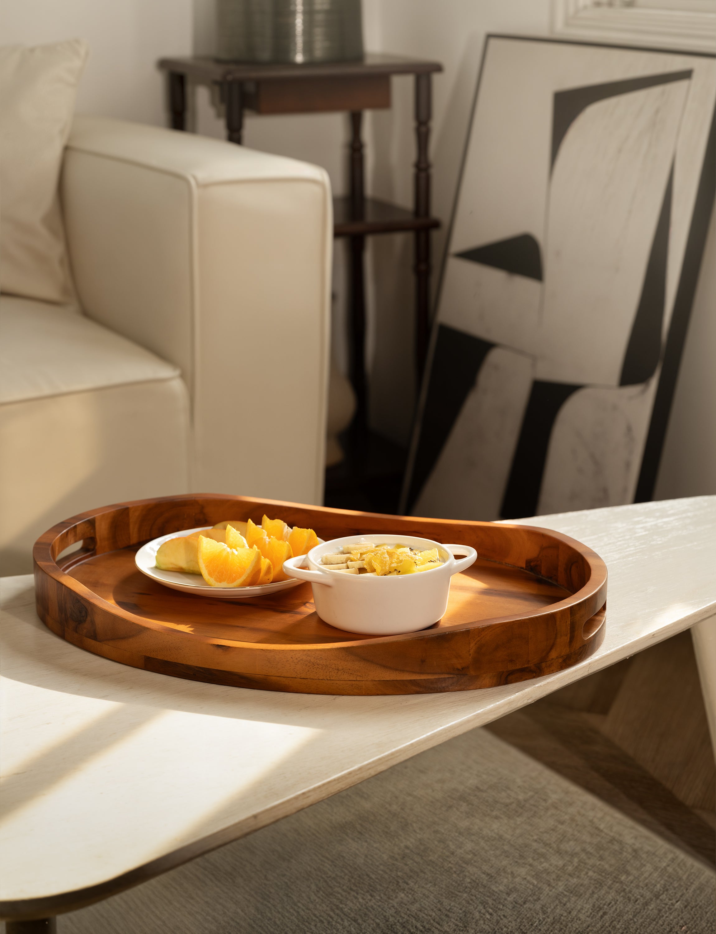 Acacia Oval Wooden Serving Tray with Handle, 20"x15" Ottoman Tray-thumbmail-4