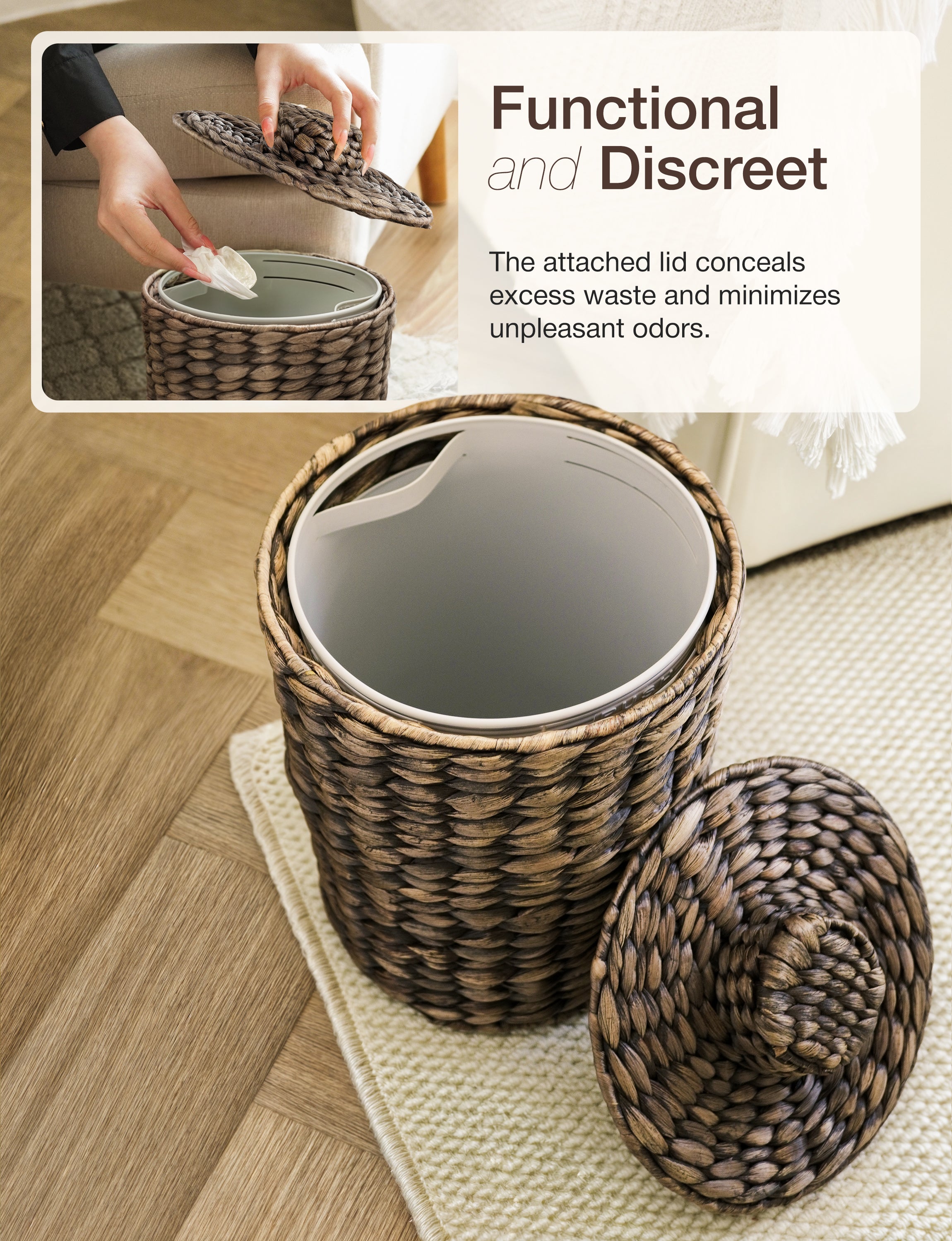 Wicker Trash Can with Lid, Wicker Waste Basket 1.5Gallon, Black Color-thumbmail-6