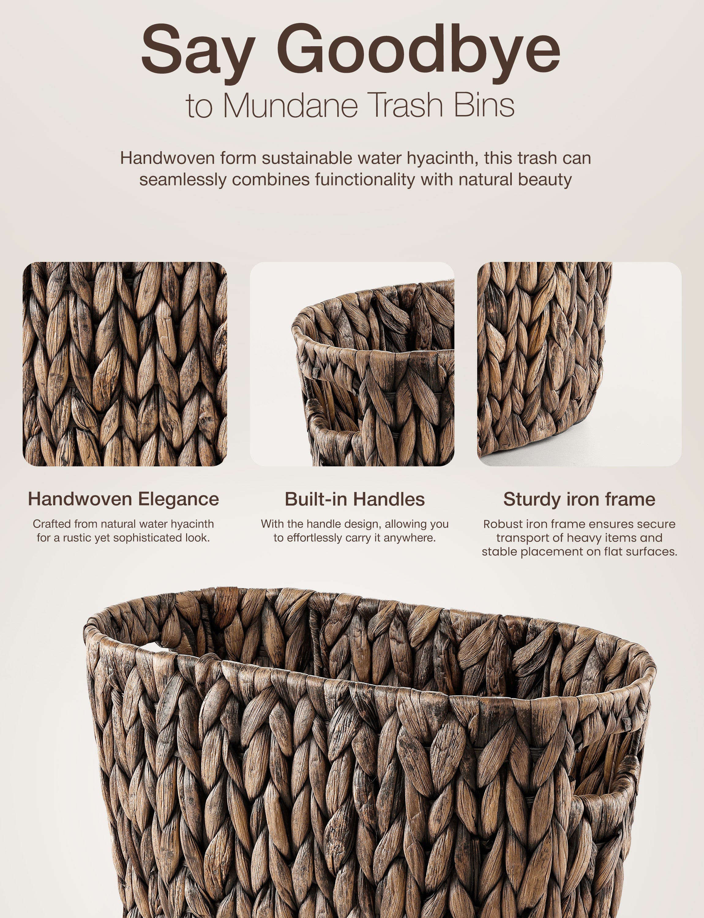 Wicker Waste Basket For Bathroom with Handle, Holds 4 Gallons, Black-thumbmail-4