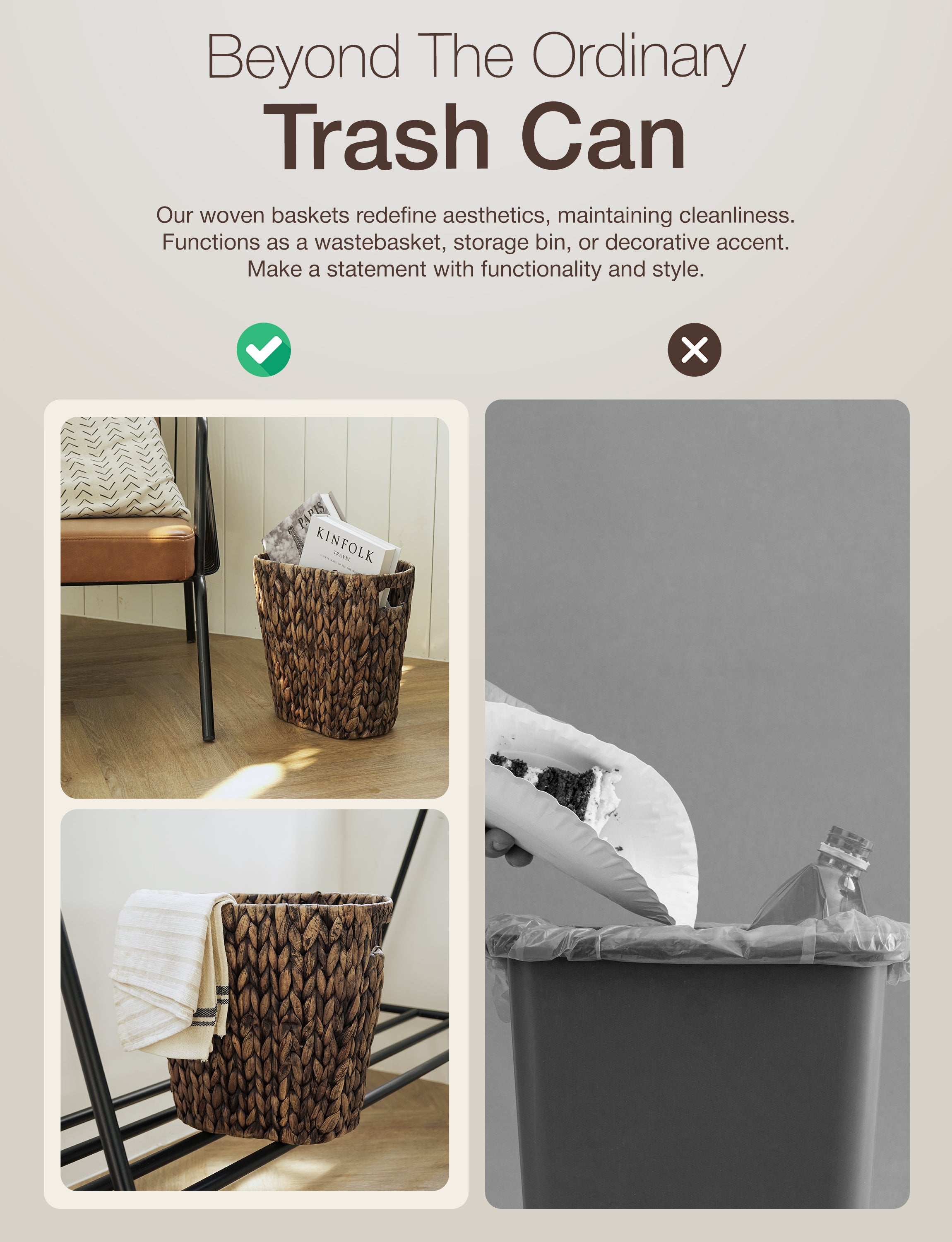 Wicker Waste Basket For Bathroom with Handle, Holds 4 Gallons, Black-thumbmail-7