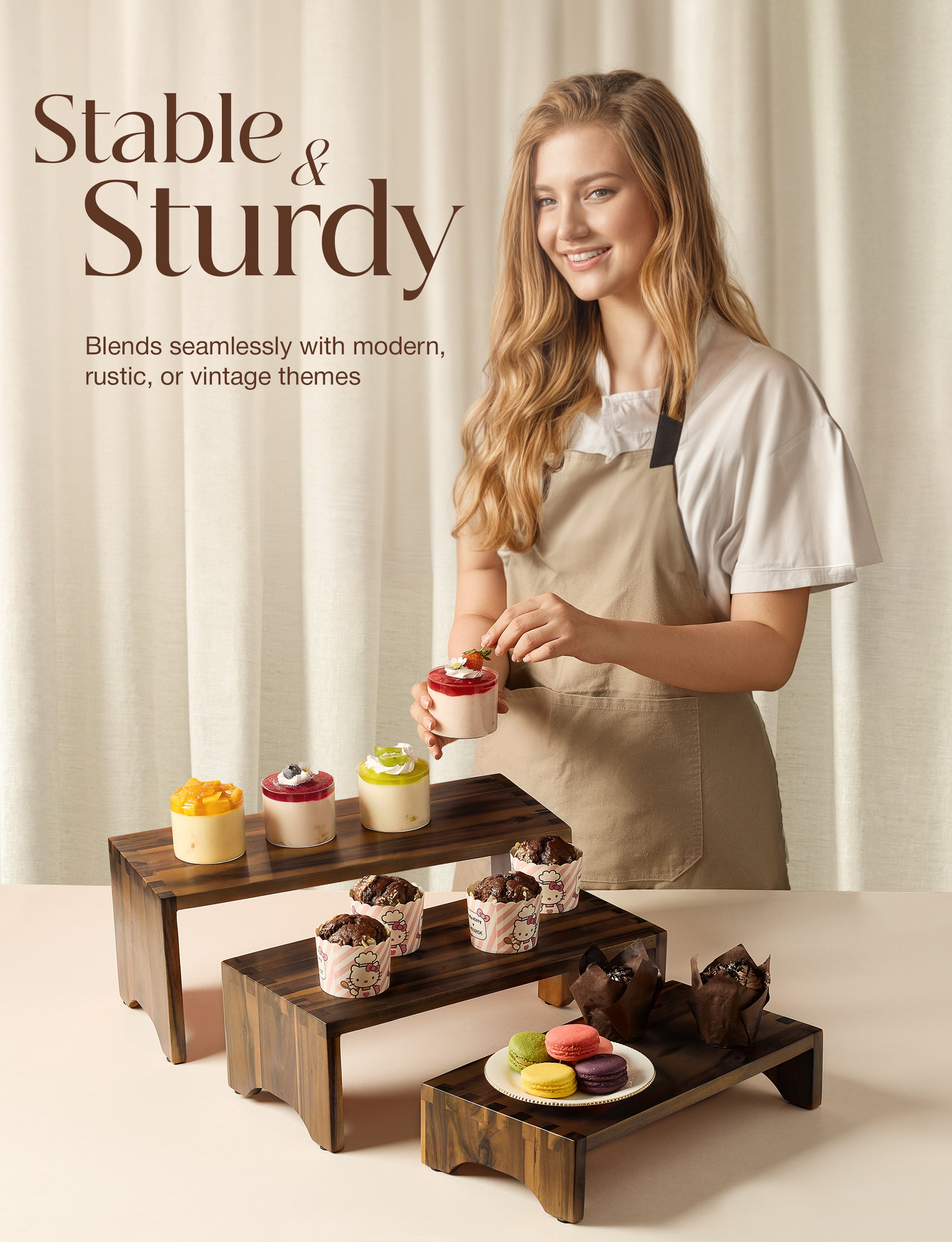 Wooden 3 Tier Cupcake Stand with Non-Slip Pads (Walnut Color)-thumbmail-5