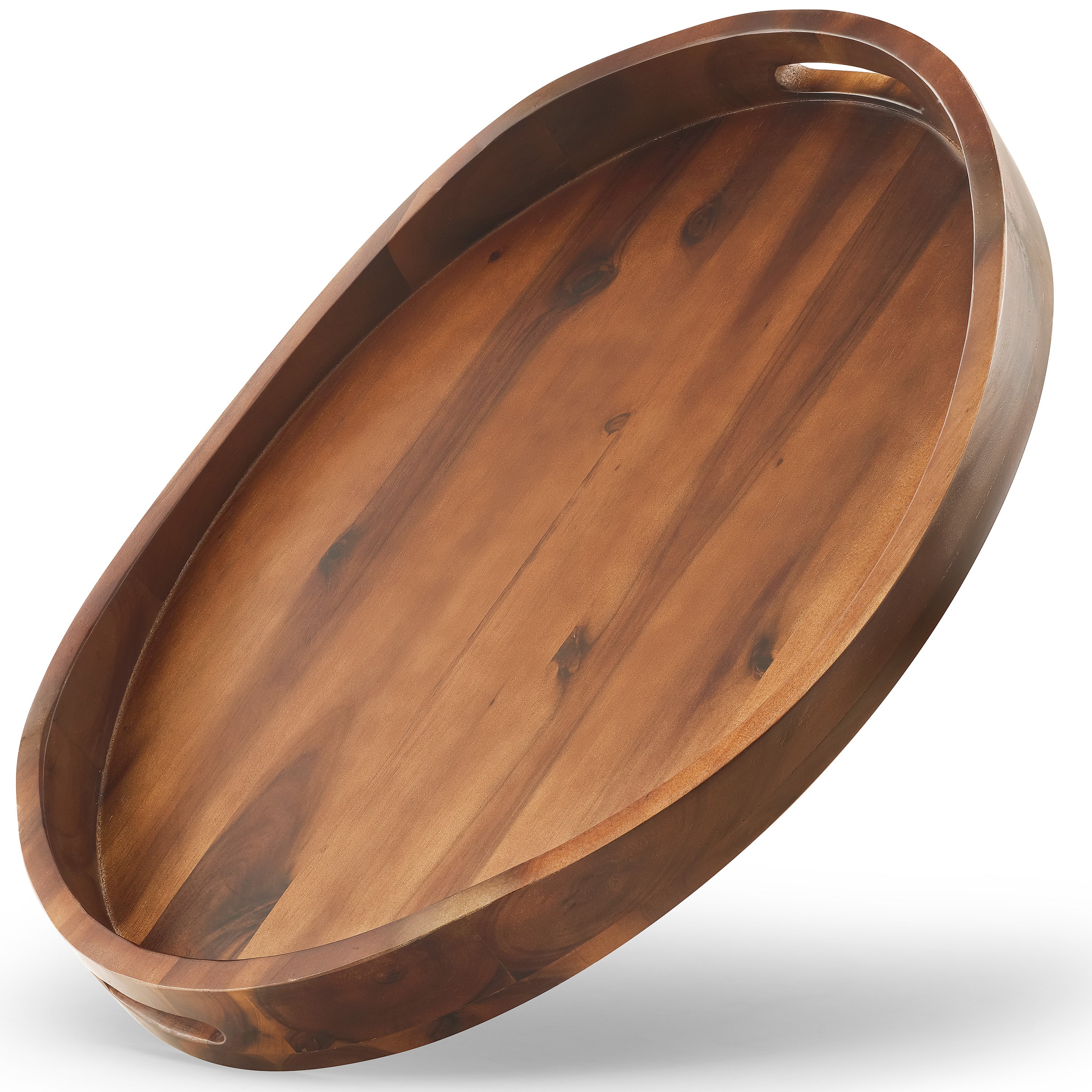 Acacia Oval Wooden Serving Tray with Handle, 20"x15", Walnut color-thumbmail-1