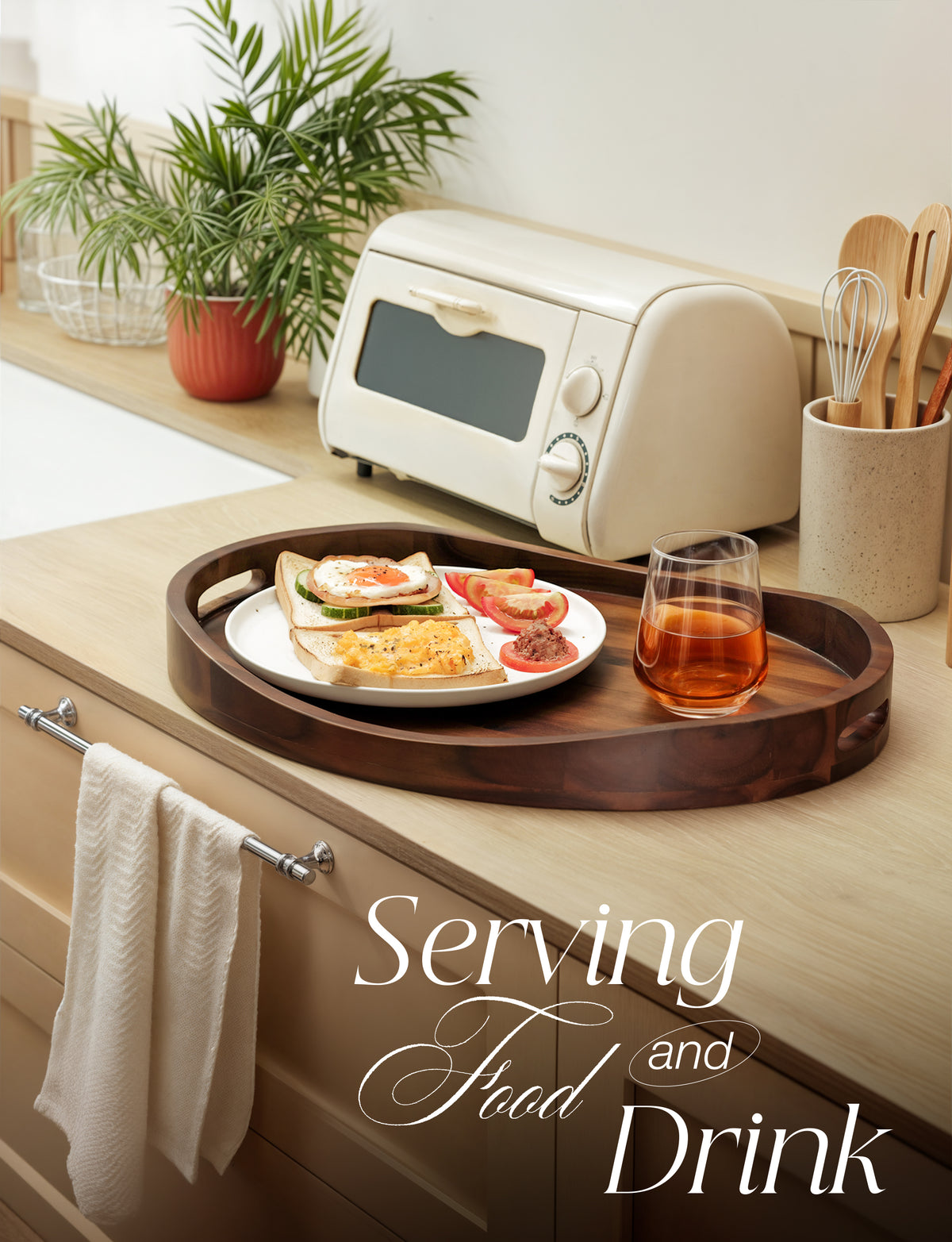 Acacia Oval Wooden Serving Tray with Handle, 20"x15", Walnut color-thumbmail-2