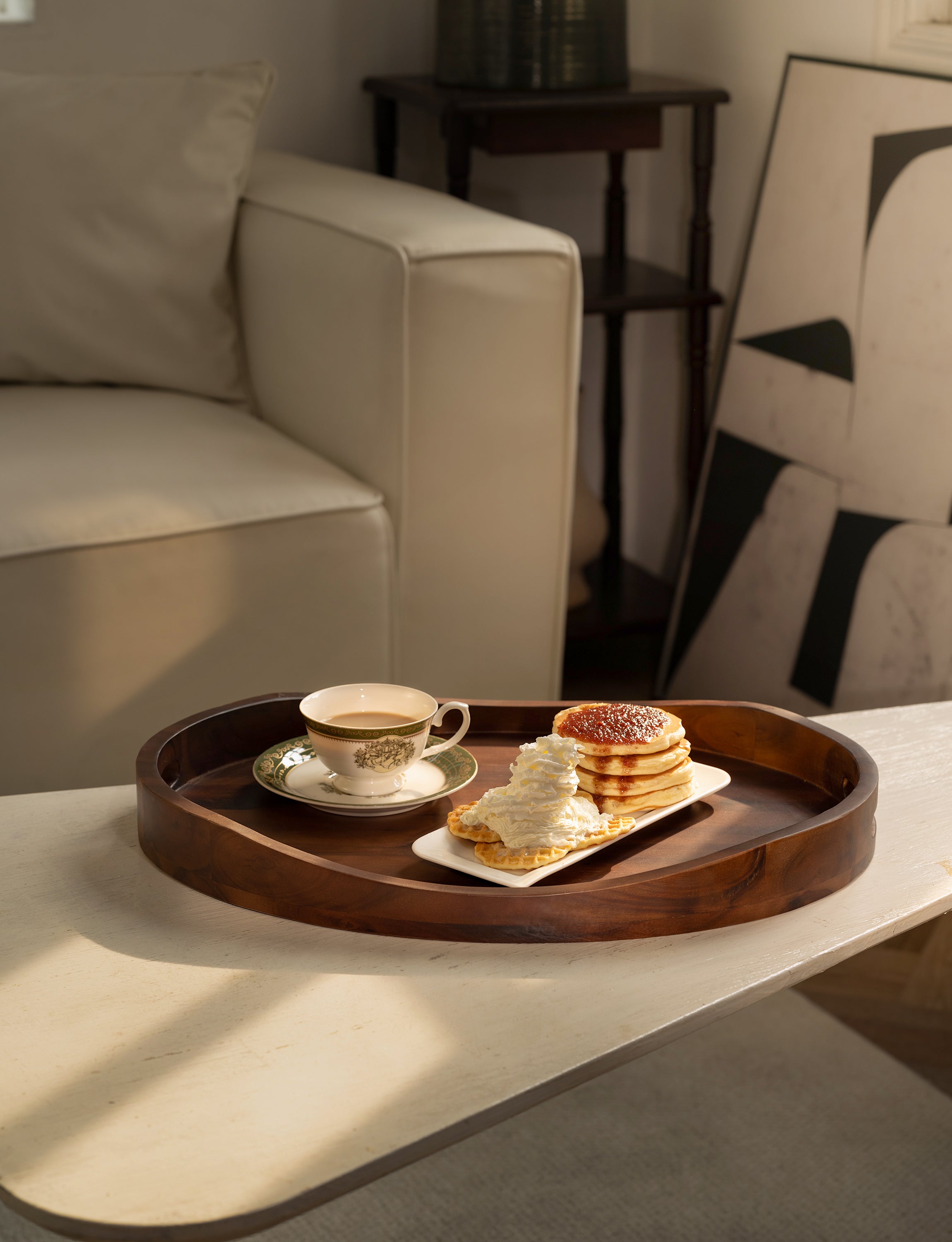 Acacia Oval Wooden Serving Tray with Handle, 20"x15", Walnut color-thumbmail-3