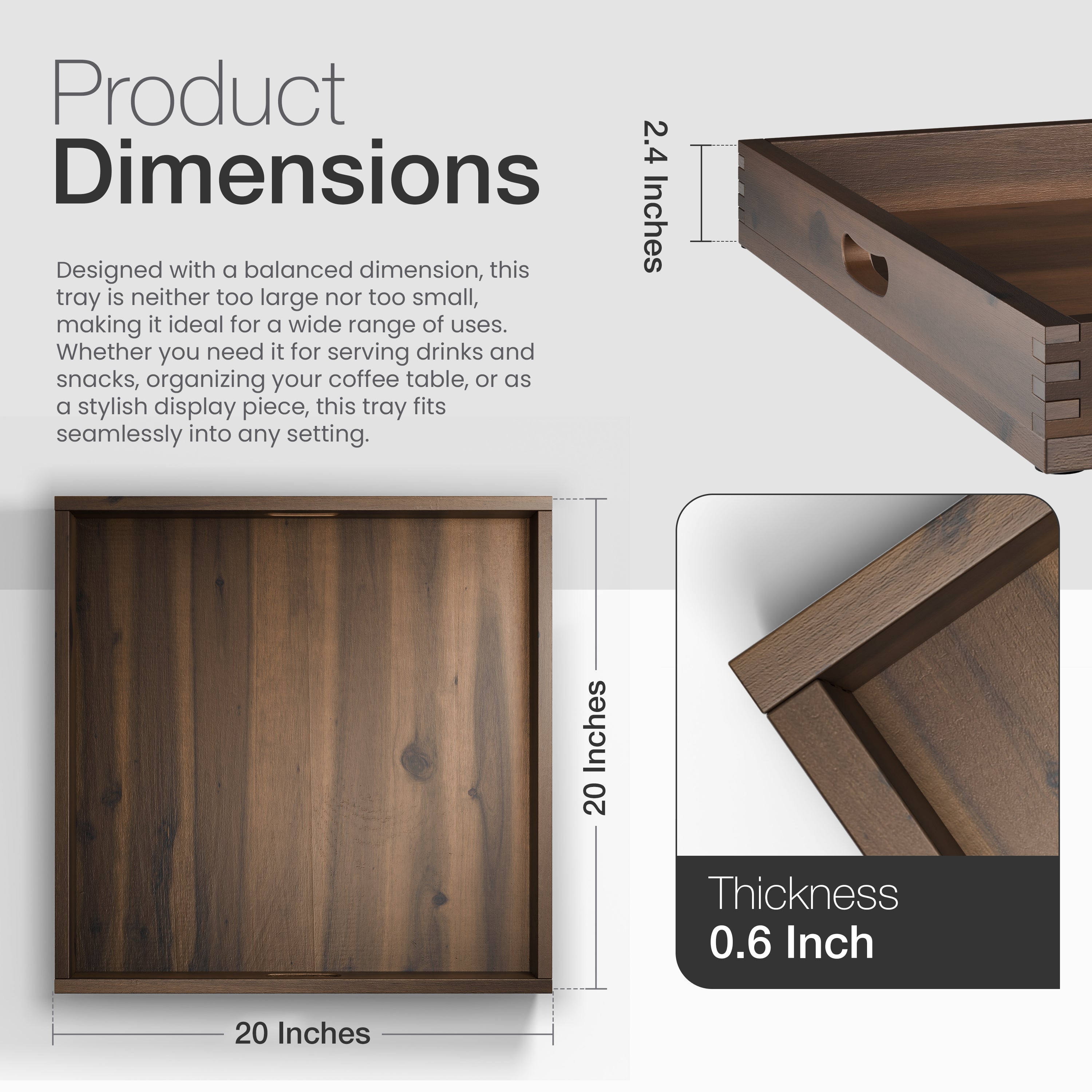 20" x 20" Square Wooden Ottoman Tray, Built-in Handles, Walnut color-thumbmail-4